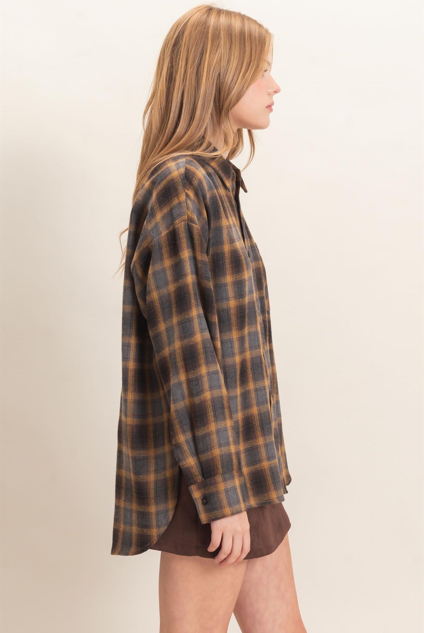 Wholesale Plaid Button-Up Shirt Clothing Tops HF26F017 MUSTARD HYFVE