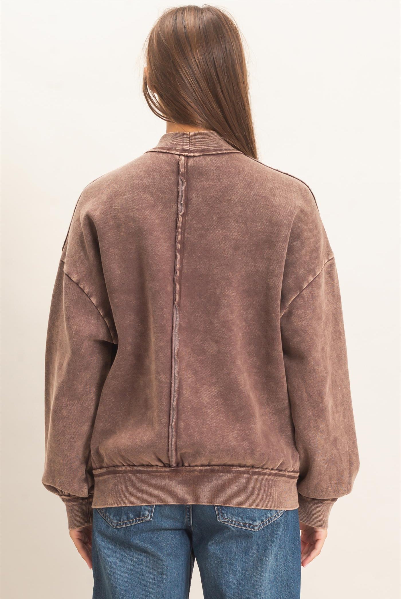 Wholesale Acid Washed Mock Neck Sweatshirt Sweatshirts DZ26E656 DARK BROWN DOUBLE ZERO