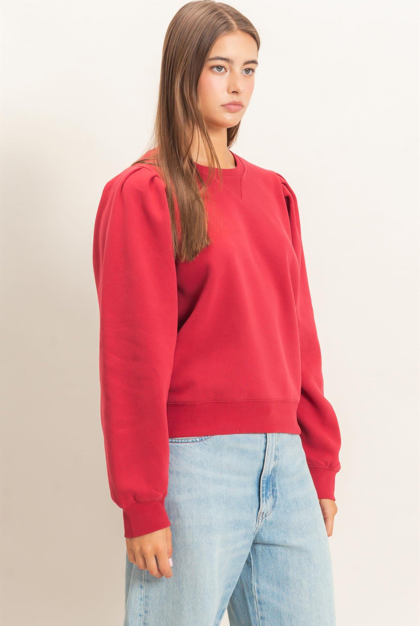 Wholesale Puff Sleeve Crew Neck Sweatshirt Sweatshirts DZ26E110 DARK RED DOUBLE ZERO