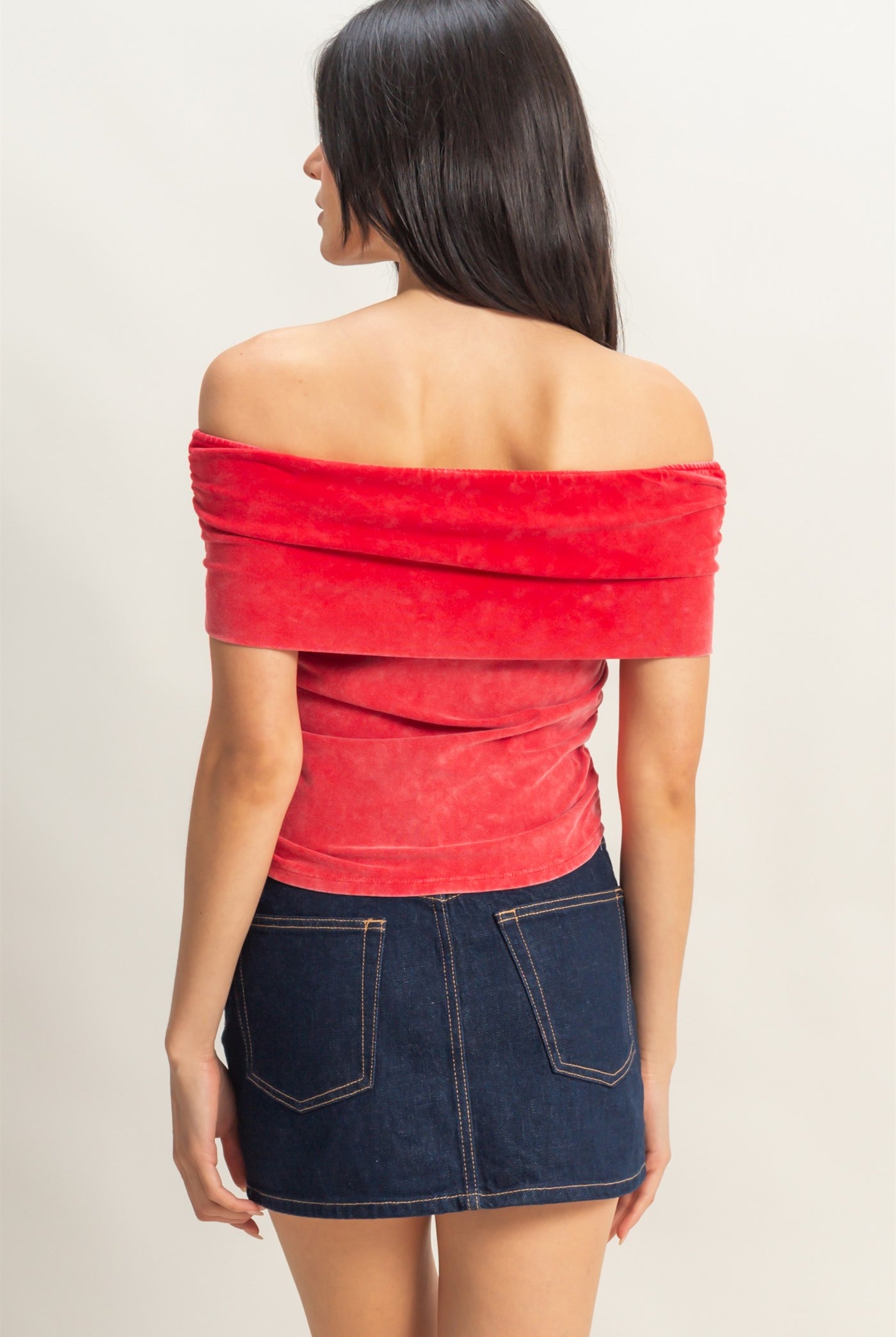 Wholesale Off-The-Shoulder Side Ruched Top Clothing Tops DZ25C848 RED DOUBLE ZERO