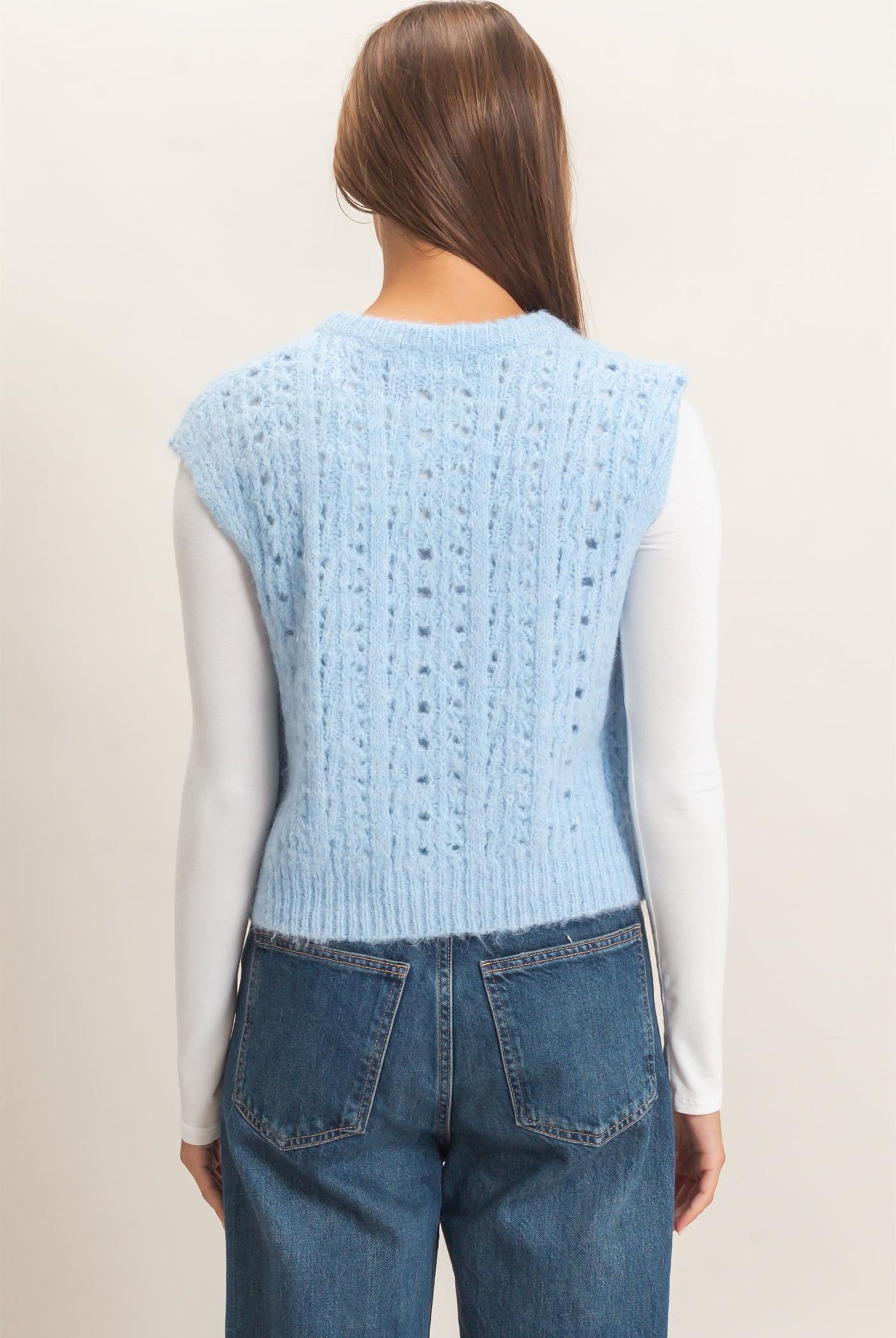 Wholesale Open Knit Sleeveless Button Front Sweater Vest Sweaters DZ26A829 ICE BLUE DOUBLE ZERO