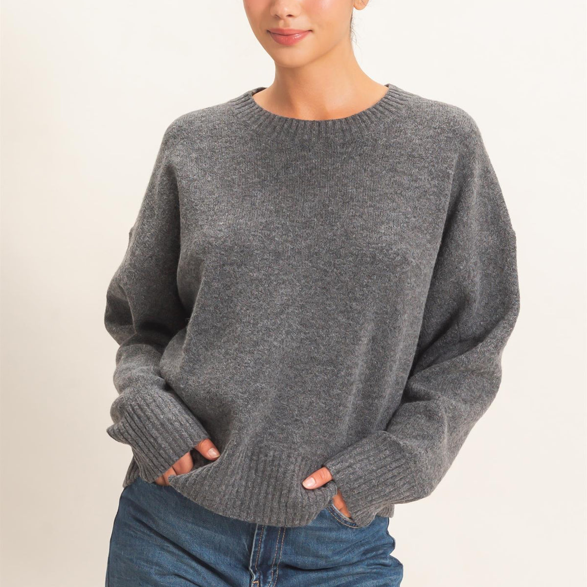 Wholesale Relaxed Fit Crew Neck Sweater Sweaters DZ26E956 CHARCOAL DOUBLE ZERO
