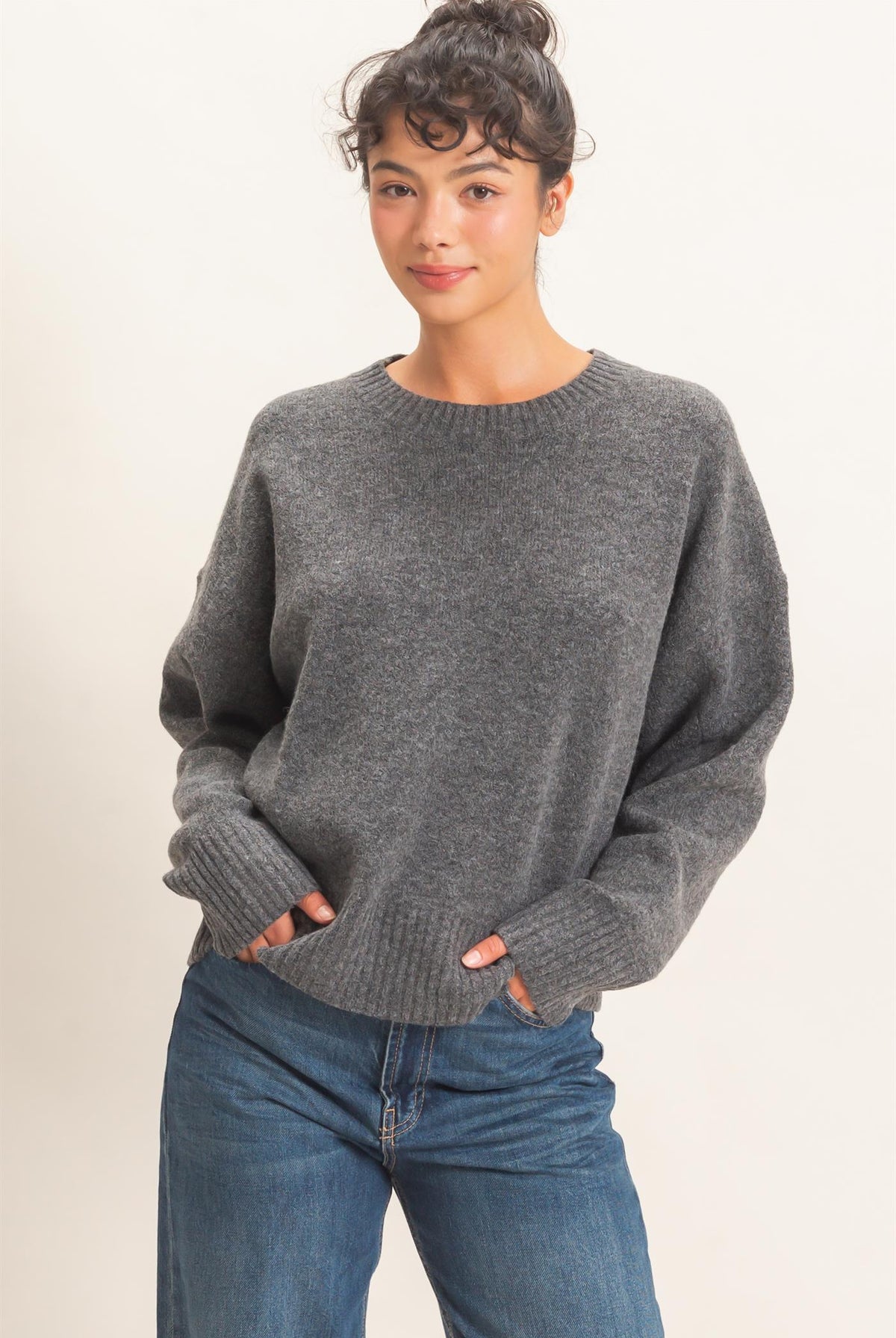 Wholesale Relaxed Fit Crew Neck Sweater Sweaters DZ26E956 CHARCOAL DOUBLE ZERO