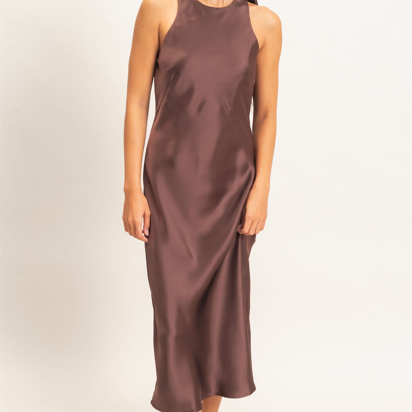 Wholesale Sleeveless Satin Midi Dress Dresses DZ26E257 DARK BROWN DOUBLE ZERO