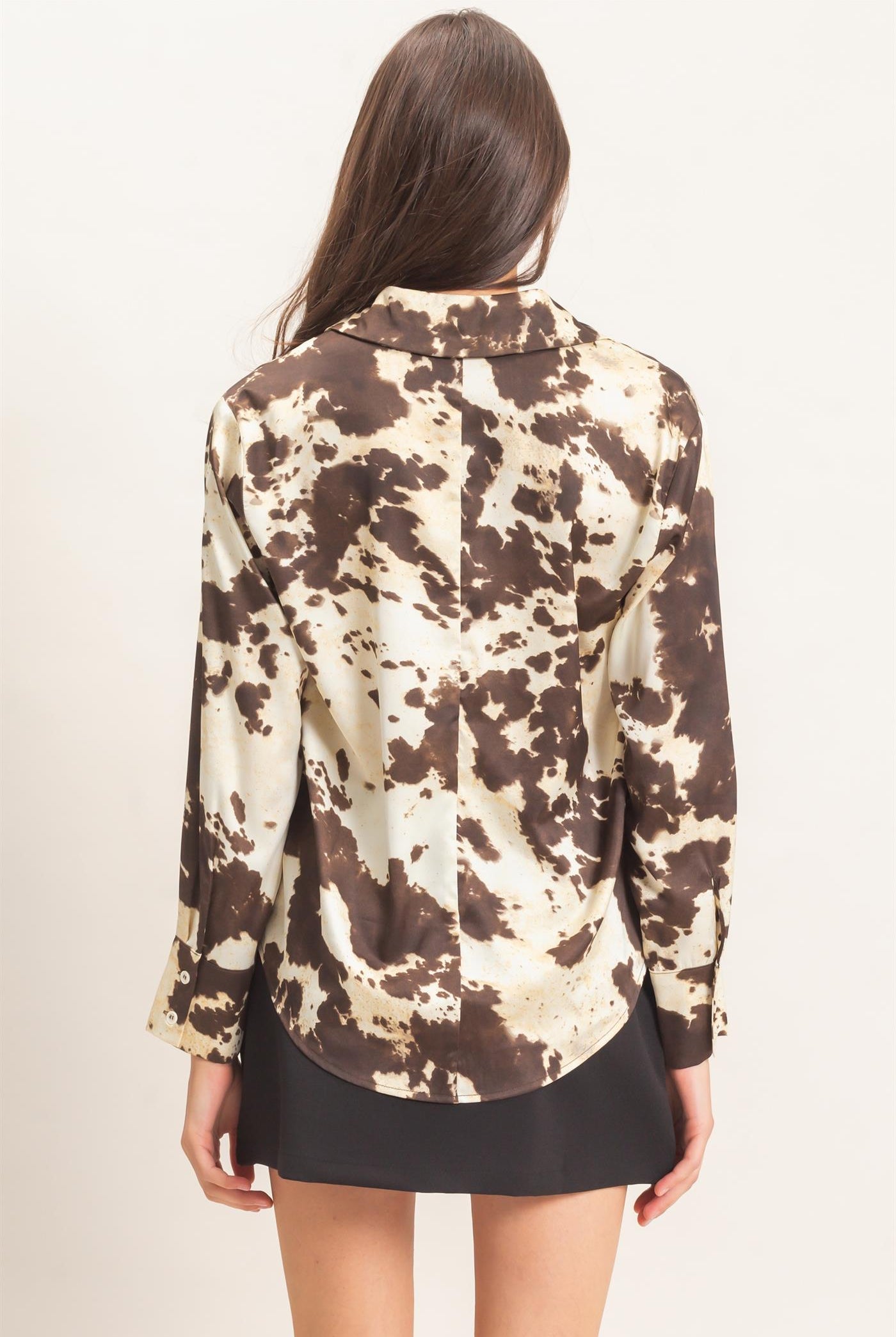 Wholesale Satin Cow Print Button-Up Shirt Clothing Tops HF26E554 BROWN HYFVE