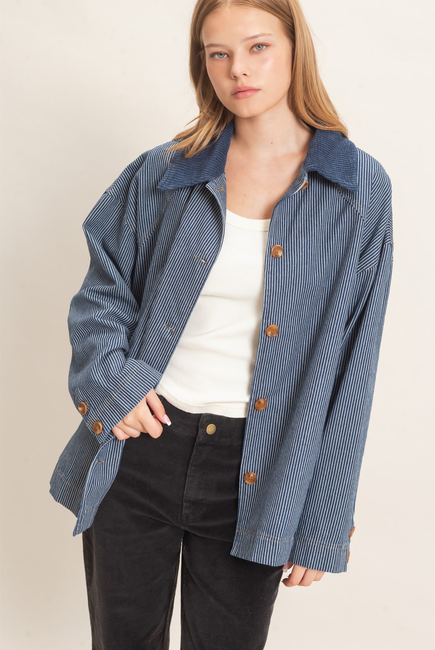 Wholesale Pinstripe Denim Jacket Coats & Jackets HF26C006 DARK DENIM HYFVE