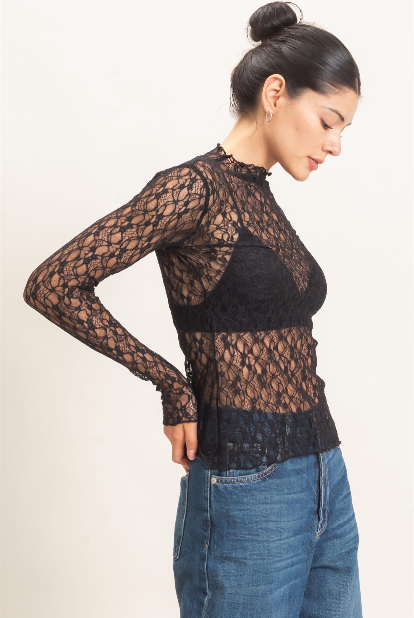 Wholesale Lace Mock Neck Long Sleeve Top Clothing Tops HF26E033-D BLACK HYFVE