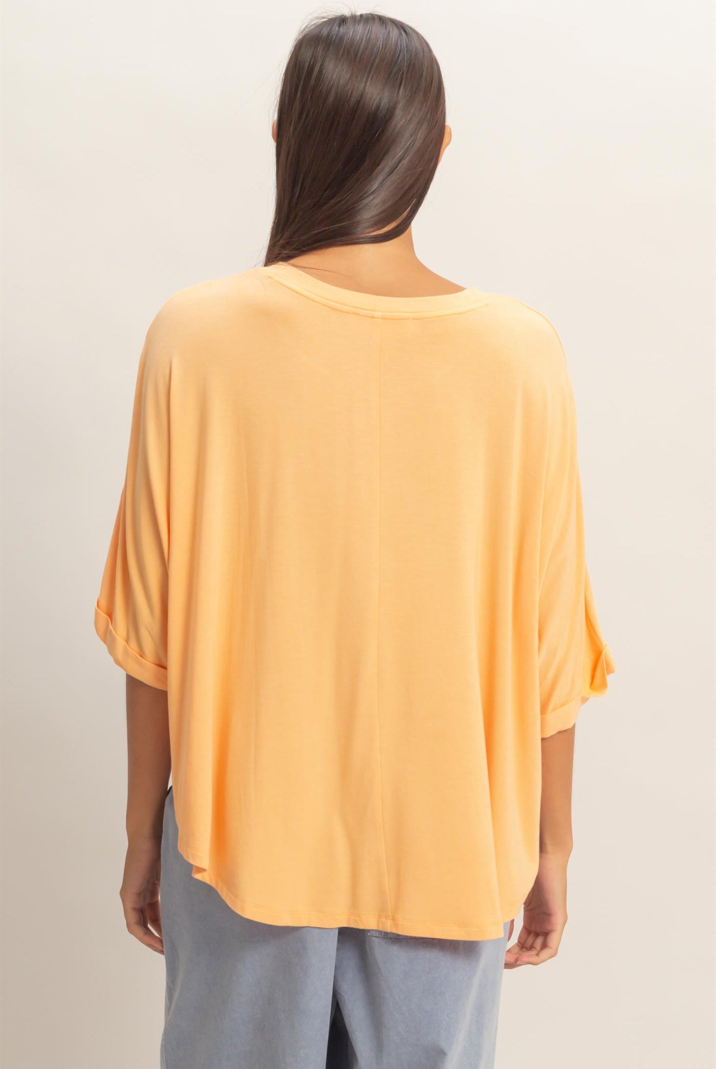 Wholesale Relaxed High-Low Batwing Sleeve Top Shirts DZ26A742 APRICOT DOUBLE ZERO