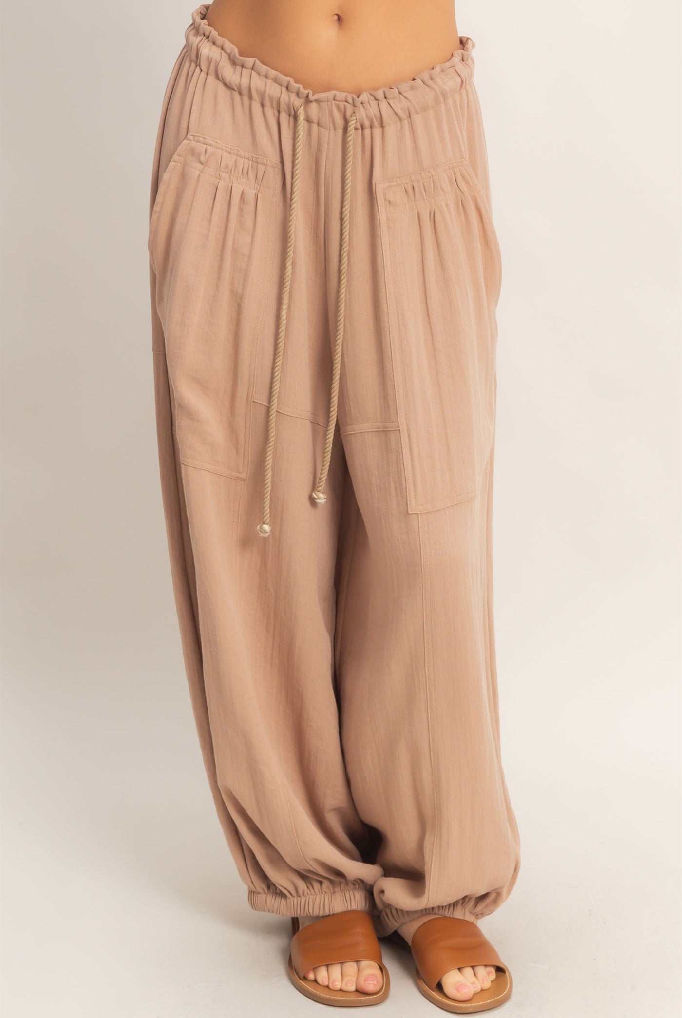 Wholesale Elastic Hem Drawstring Pants Pants HF26A905-D LIGHT BROWN HYFVE