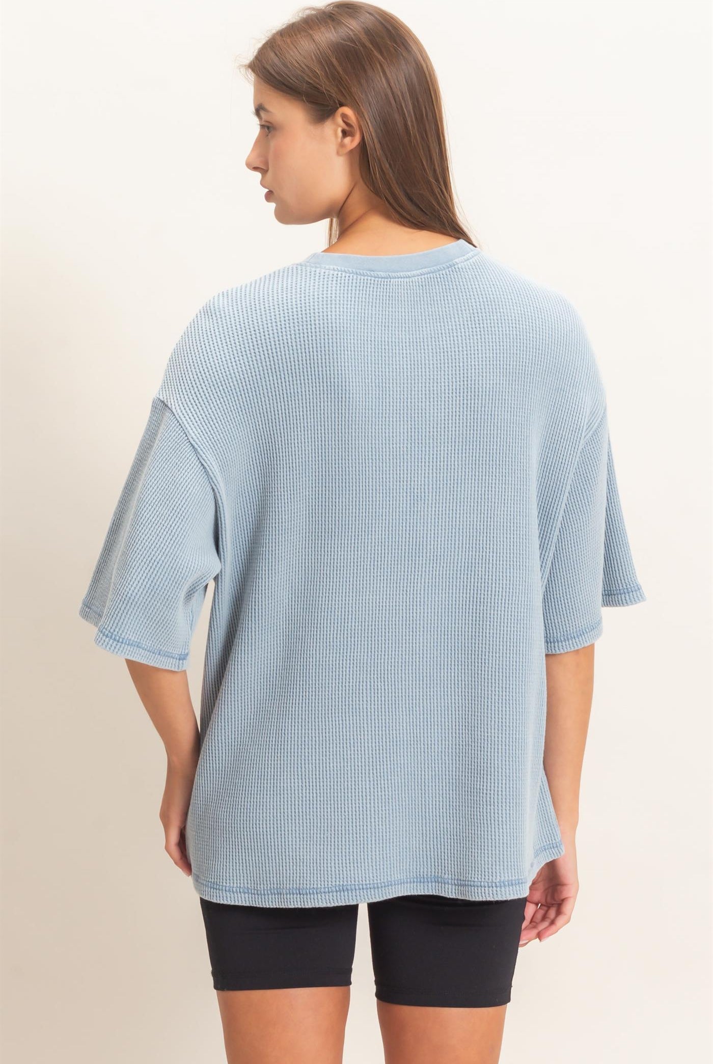 Wholesale Mineral Wash Waffle Crew Neck Short Sleeve Top Clothing Tops DZ26E328 DUSTY BLUE DOUBLE ZERO