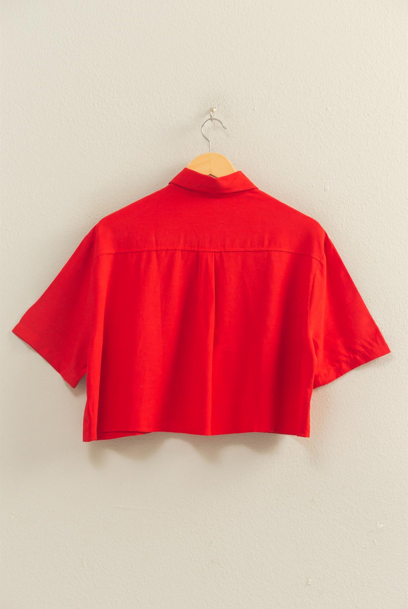 Wholesale Linen Blend Cropped Button-Up Shirt With Pocket Clothing Tops DZ26A583 RED DOUBLE ZERO