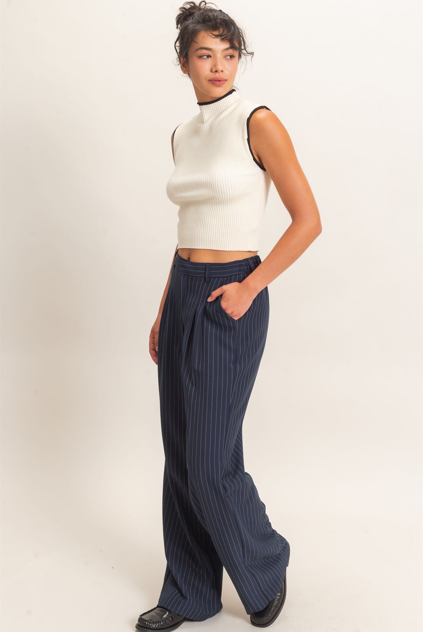 Wholesale Pinstripe Wide-Leg Trousers Pants DZ26E426 NAVY DOUBLE ZERO