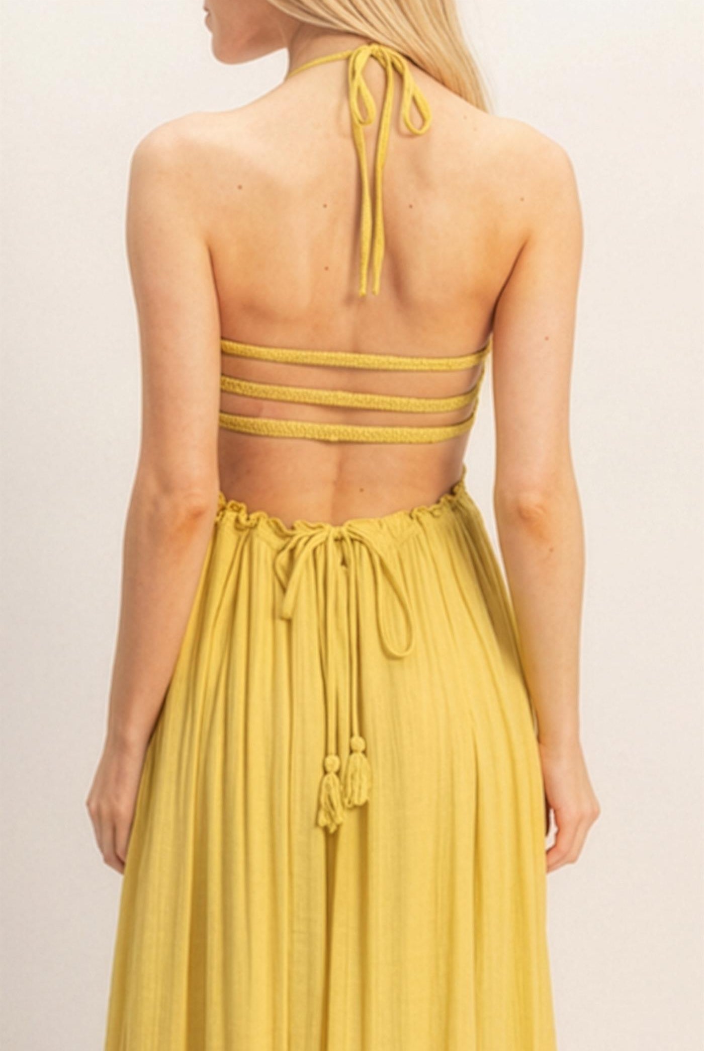 Wholesale Smocked Halter Maxi Dress Dresses HF26C290-D LIGHT YELLOW HYFVE