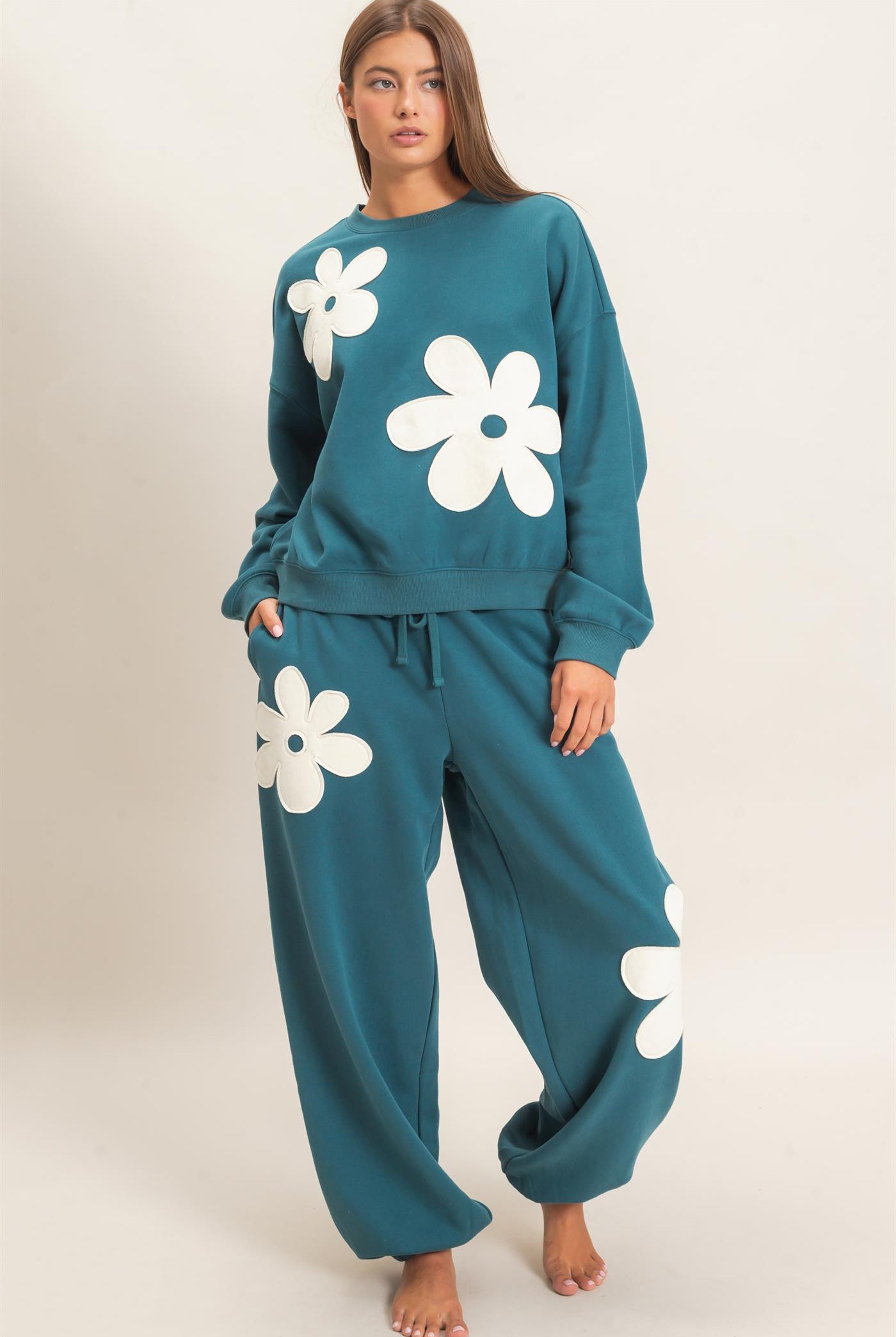 Wholesale Floral Applique Crew Neck Sweatshirt Sweatshirts DZ26E708 DARK TEAL DOUBLE ZERO