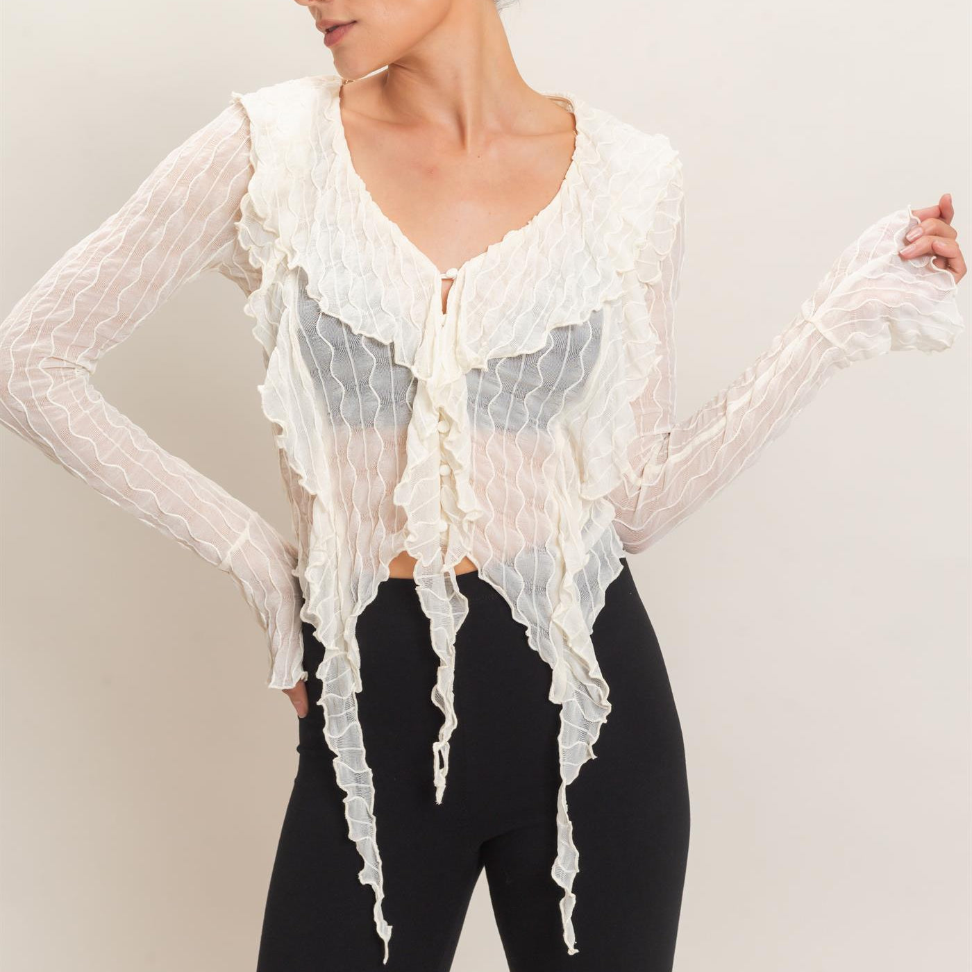 Wholesale Textured V-Neck Tie Front Top Blouses HF26F072 IVORY HYFVE