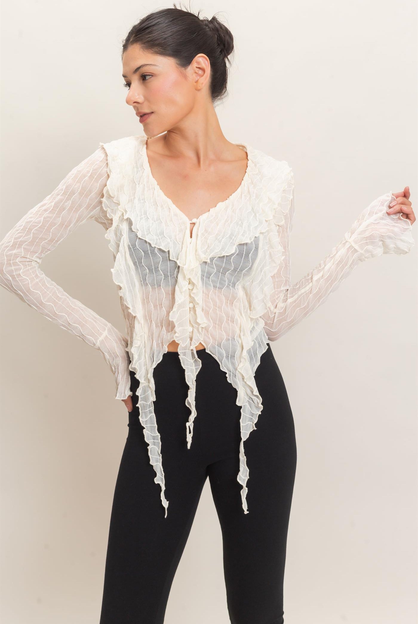 Wholesale Textured V-Neck Tie Front Top Blouses HF26F072 IVORY HYFVE