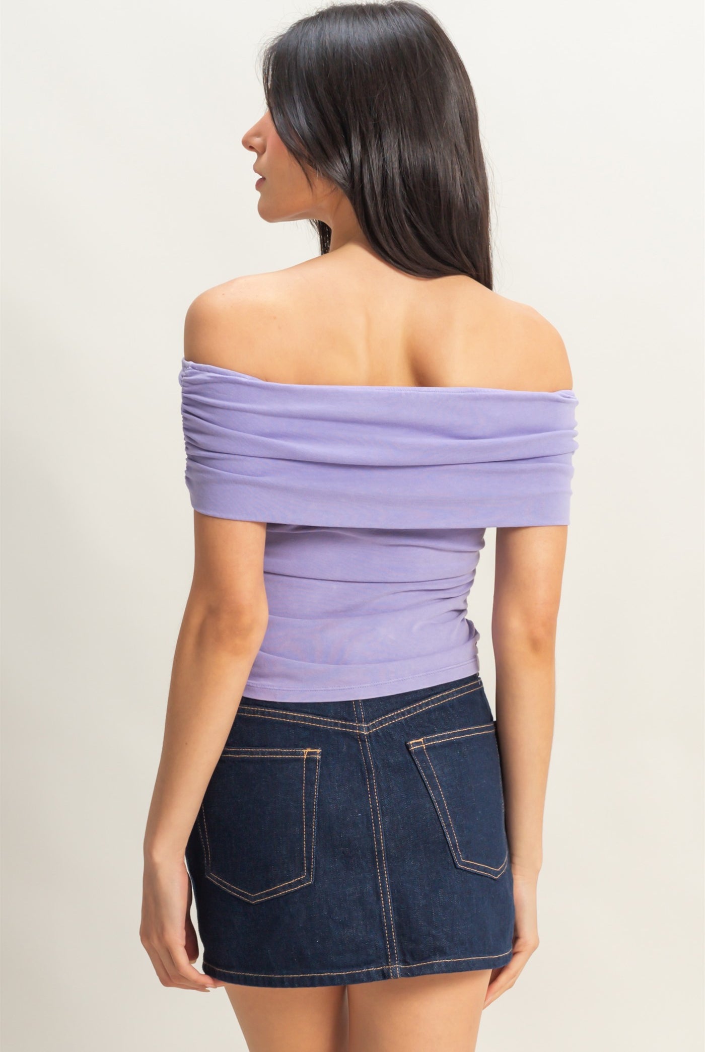 Wholesale Off-The-Shoulder Side Ruched Top Clothing Tops DZ25C848 WISTERIA DOUBLE ZERO