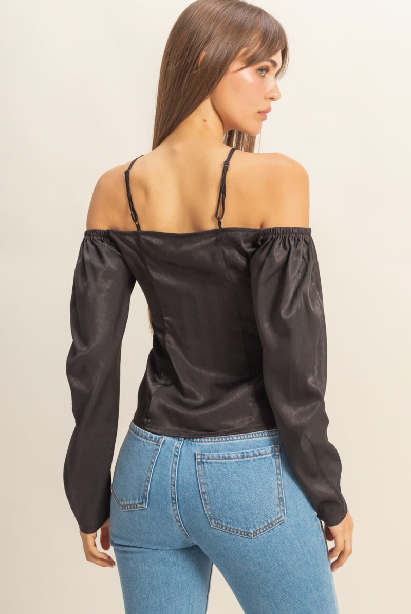 Wholesale Tie-Front Off-Shoulder Blouse Clothing Tops FS22E859 BLACK HYFVE