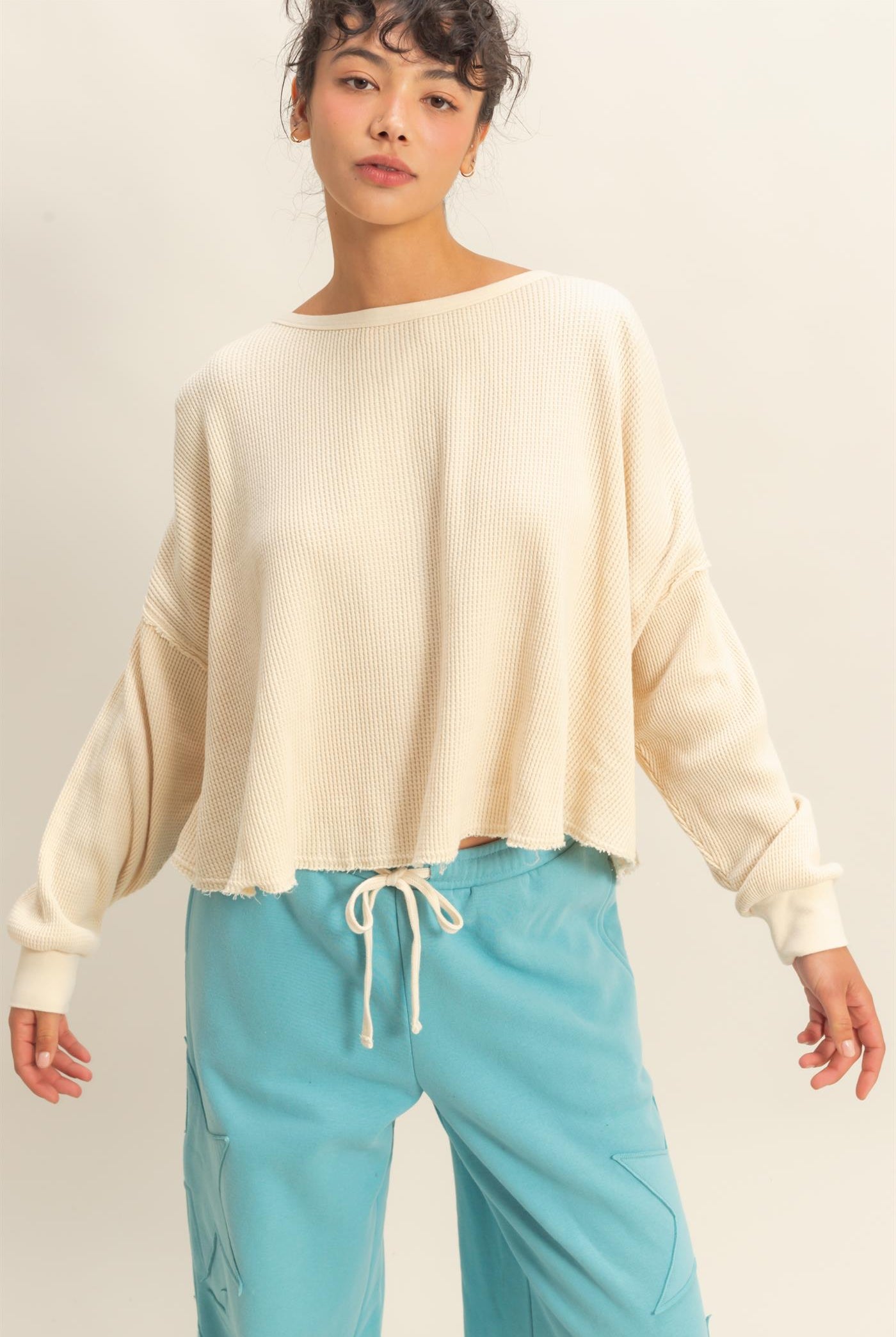 Wholesale Mineral Wash Waffle Oversized Top Clothing Tops DZ26E248 ALPACA DOUBLE ZERO