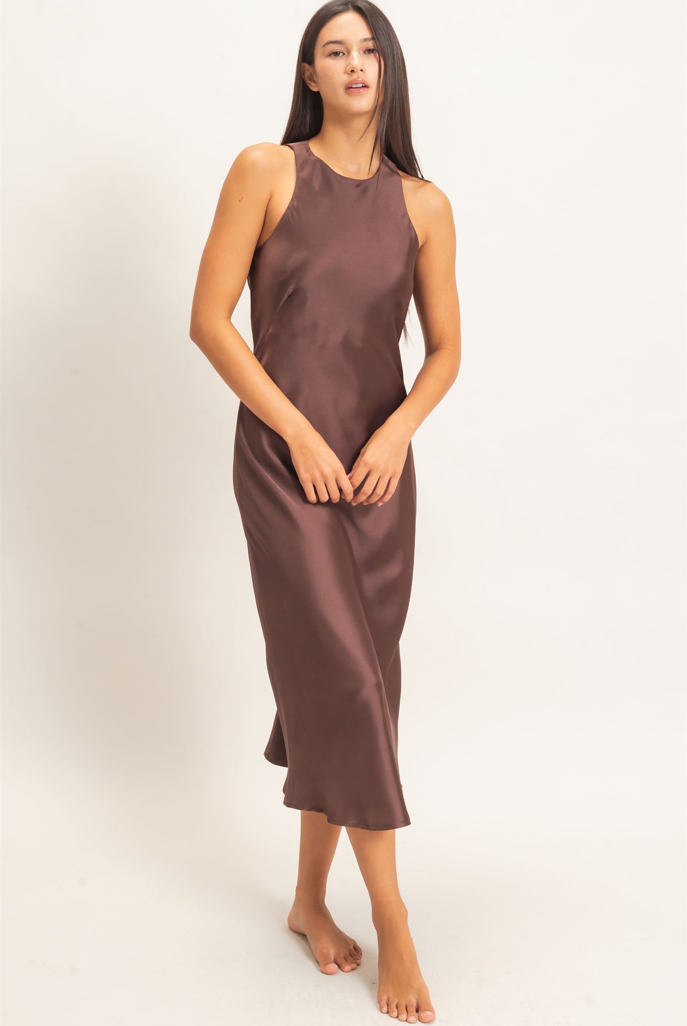 Wholesale Sleeveless Satin Midi Dress Dresses DZ26E257 DARK BROWN DOUBLE ZERO