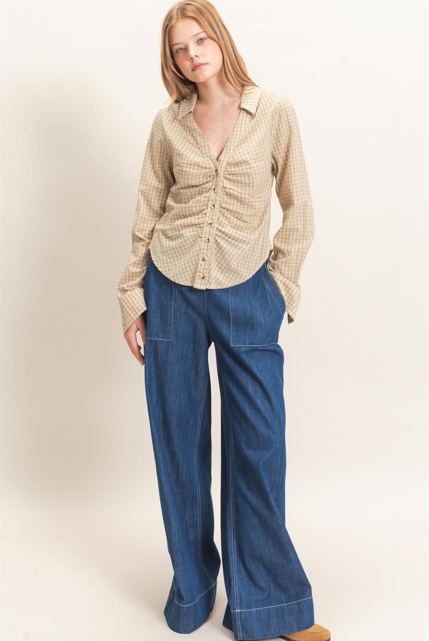 Wholesale Ruched Button-Down Shirt Blouses HF26E348 CREAM HYFVE