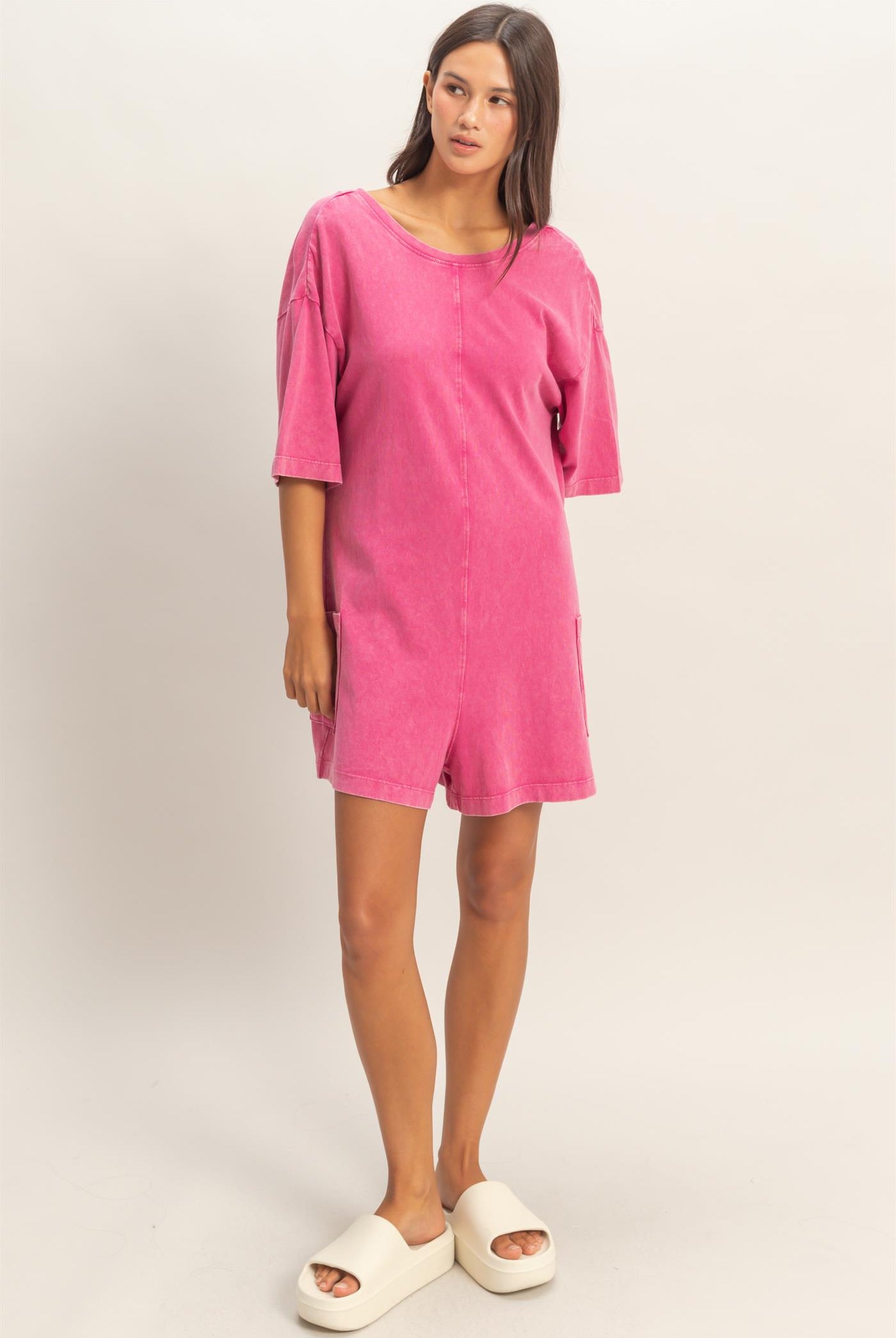 Wholesale Mineral Washed V-Back Romper Clothing DZ26A326 FUCHSIA HYFVE