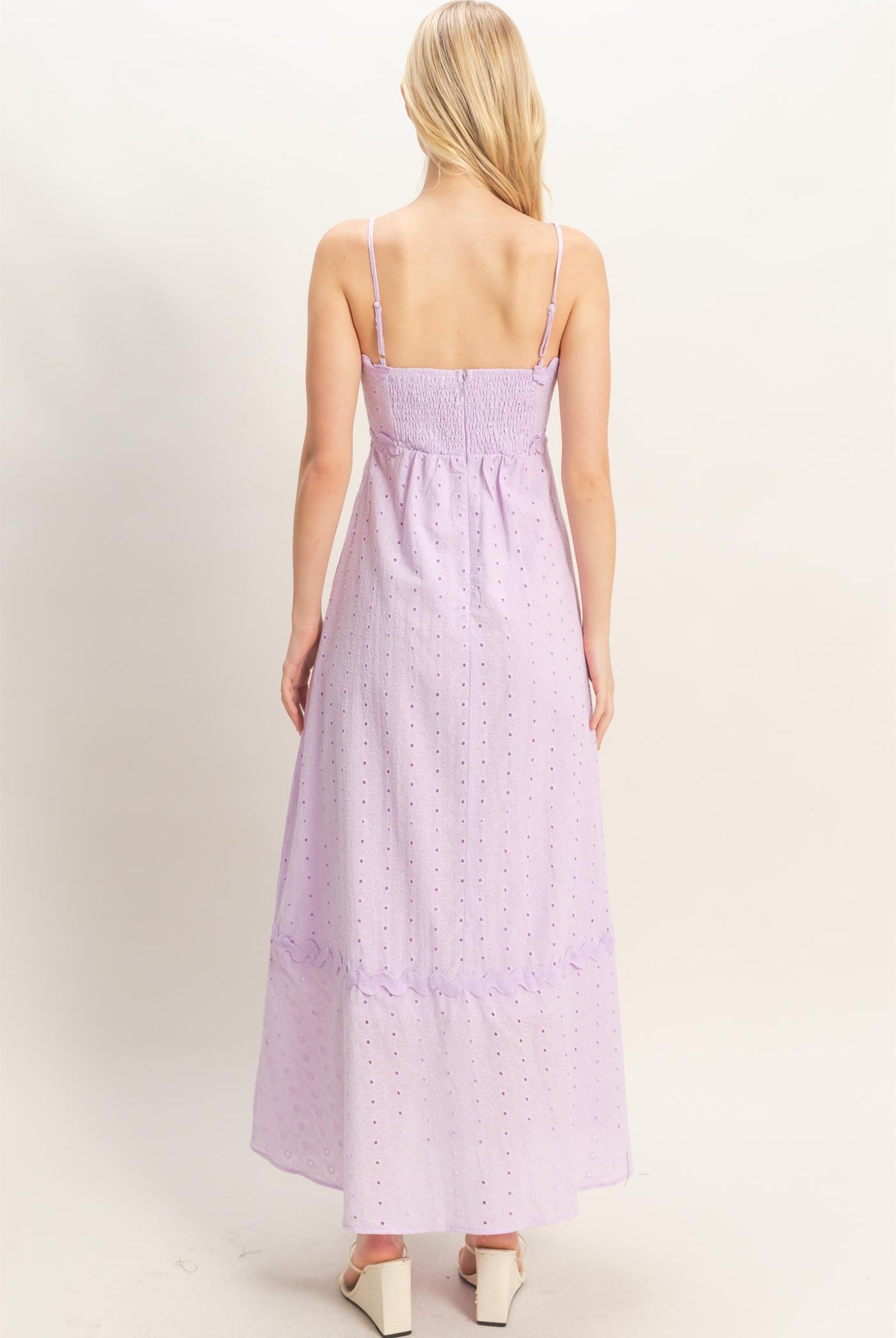 Wholesale Scallop Trim Eyelet Midi Dress Dresses HF26A694 LAVENDER HYFVE