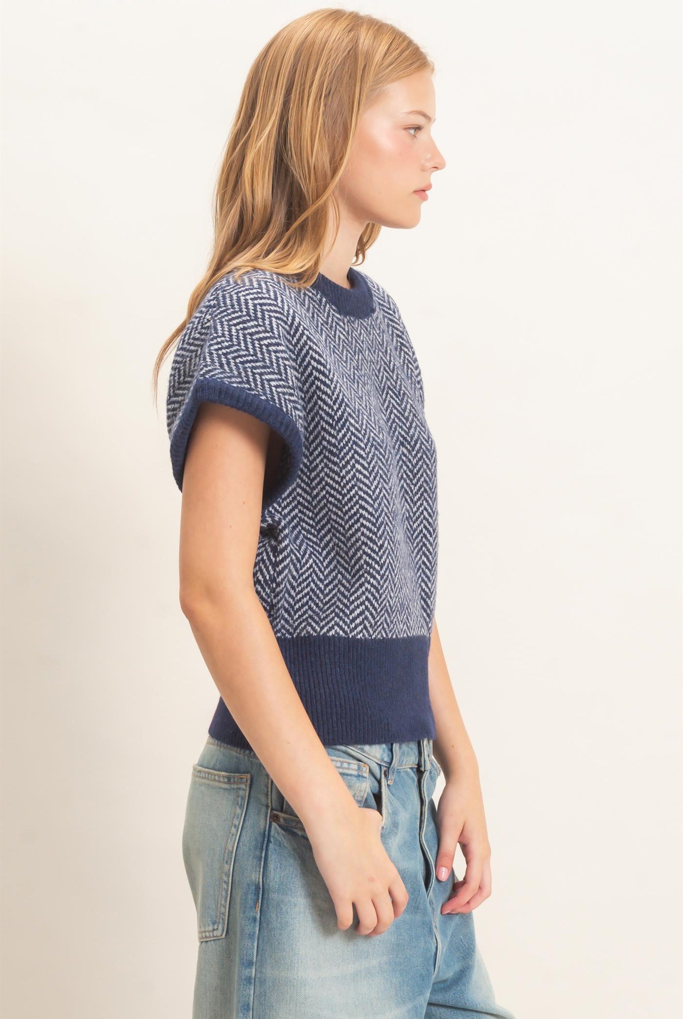 Wholesale Chevron Knit Cap Sleeve Sweater Sweaters HF26E542 NAVY HYFVE
