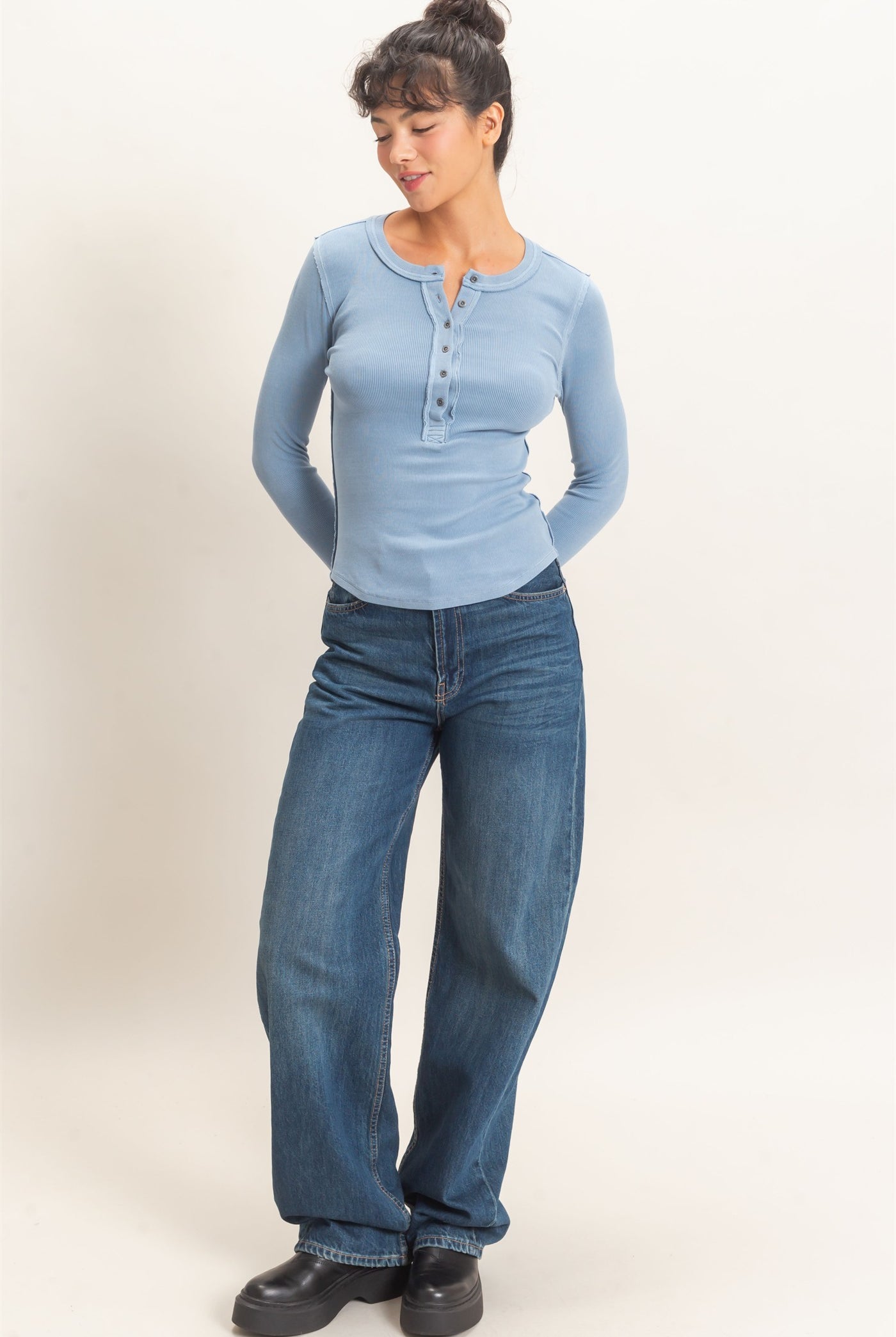 Wholesale Pigment Dye Henley Long Sleeve Top Clothing Tops DZ26C882 DUSTY BLUE DOUBLE ZERO