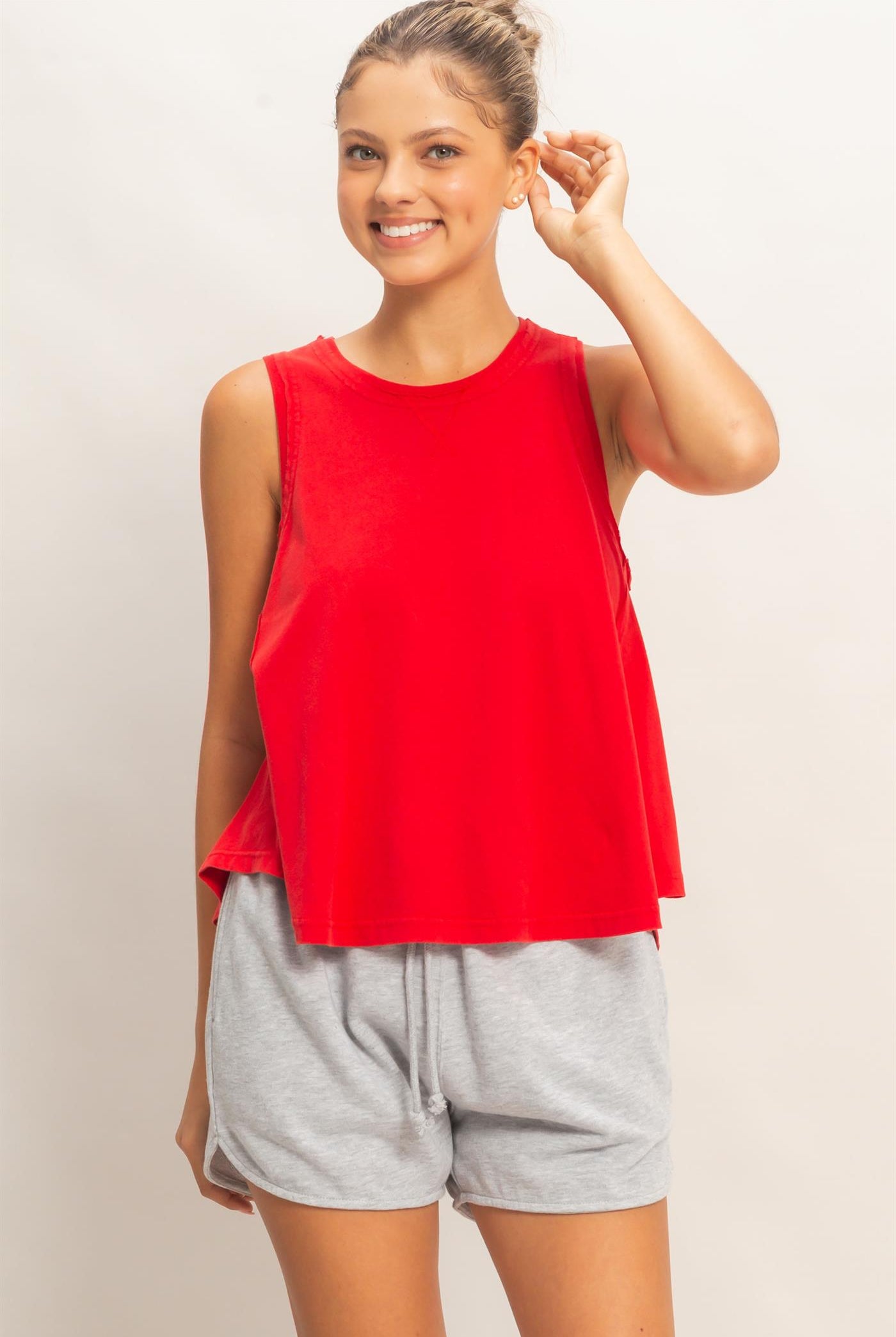 Wholesale Raw Edge Details Sleeveless Washed Top Clothing Tops DZ26E278 RED DOUBLE ZERO