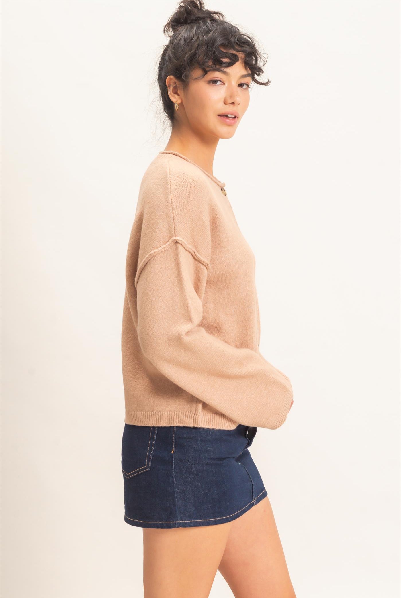 Wholesale Crew Neck Loose Fit Cardigan Cardigans DZ26E269 DARK TAUPE DOUBLE ZERO