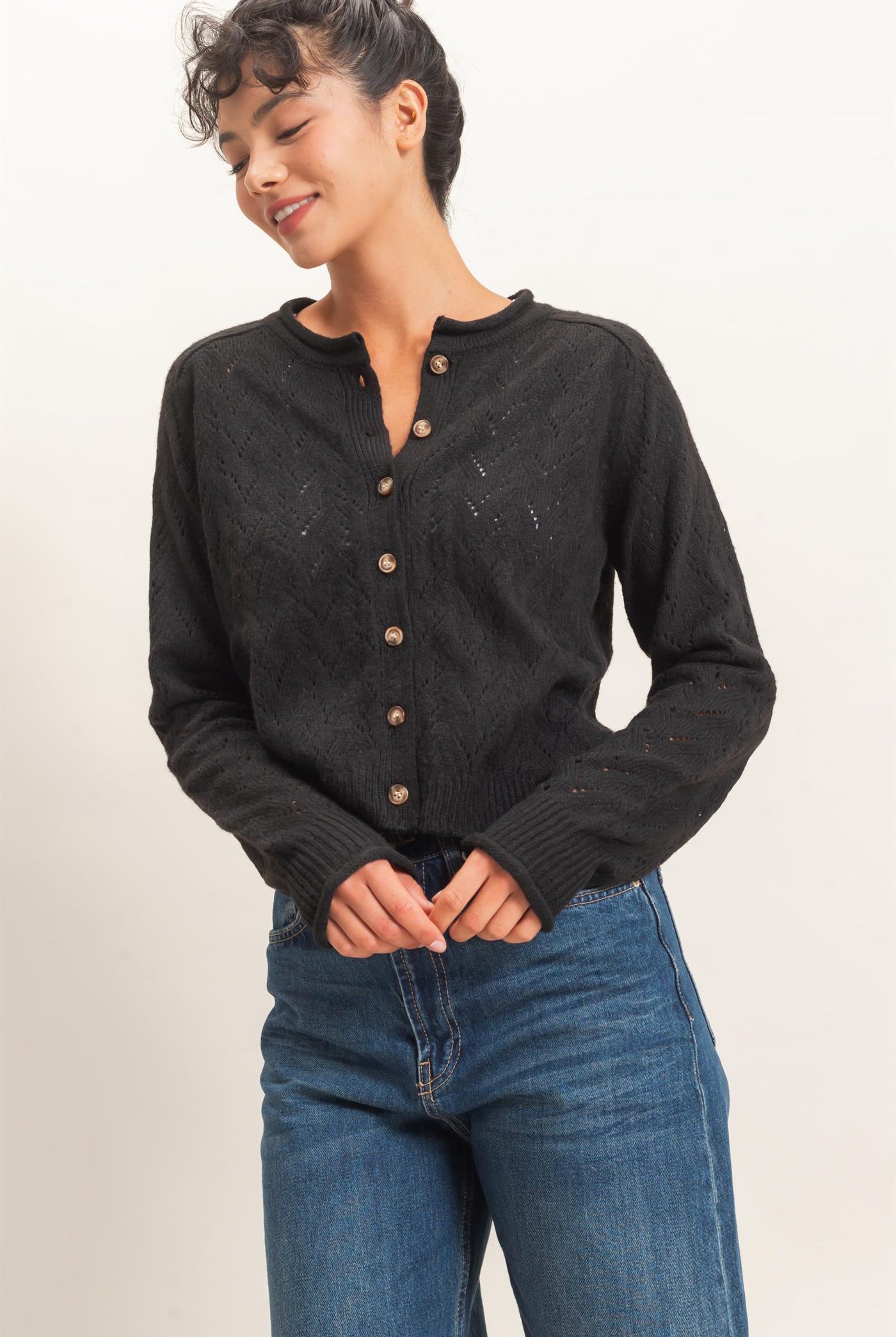 Wholesale Pointelle Knit Button Front Cardigan Cardigans DZ26C978 BLACK DOUBLE ZERO