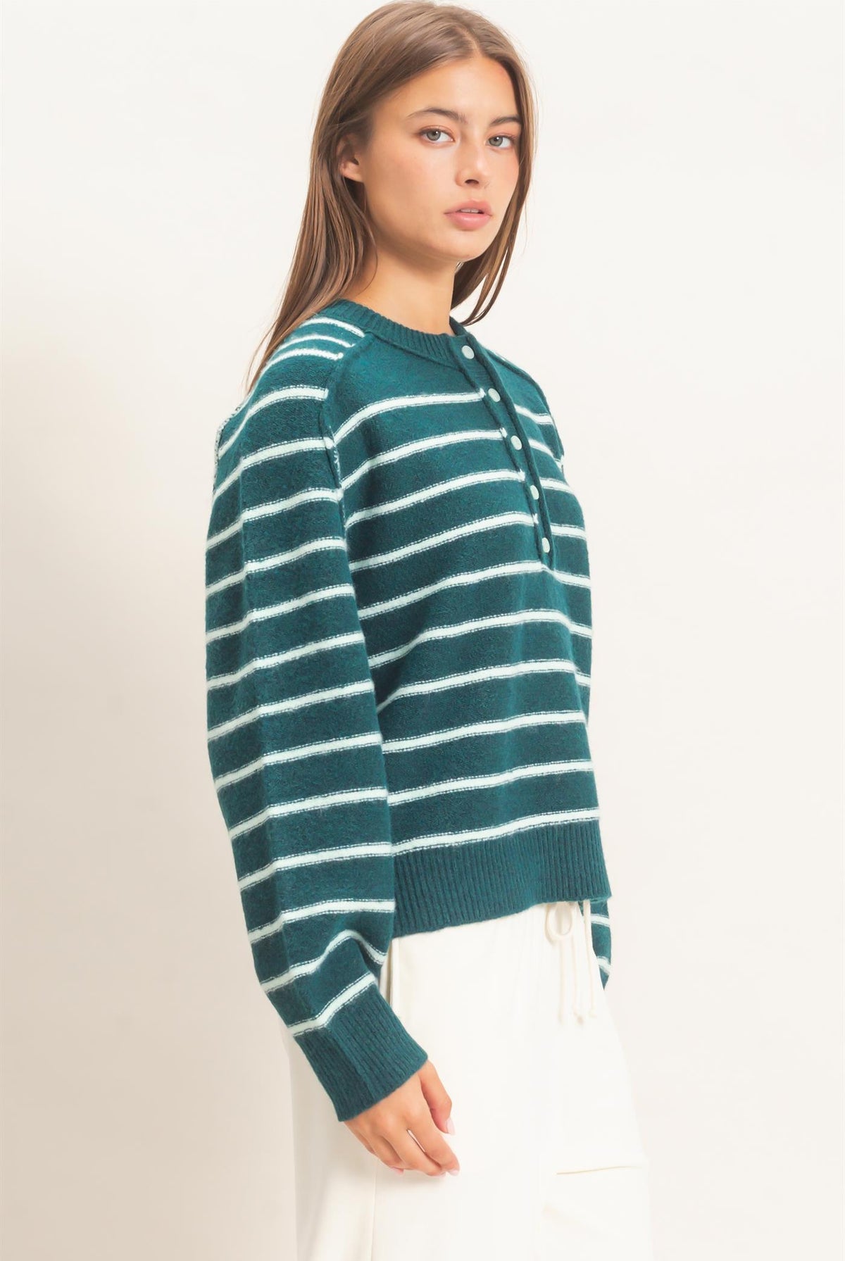 Wholesale Stripe Henley Sweater Sweaters DZ26F002 DARK GREEN DOUBLE ZERO