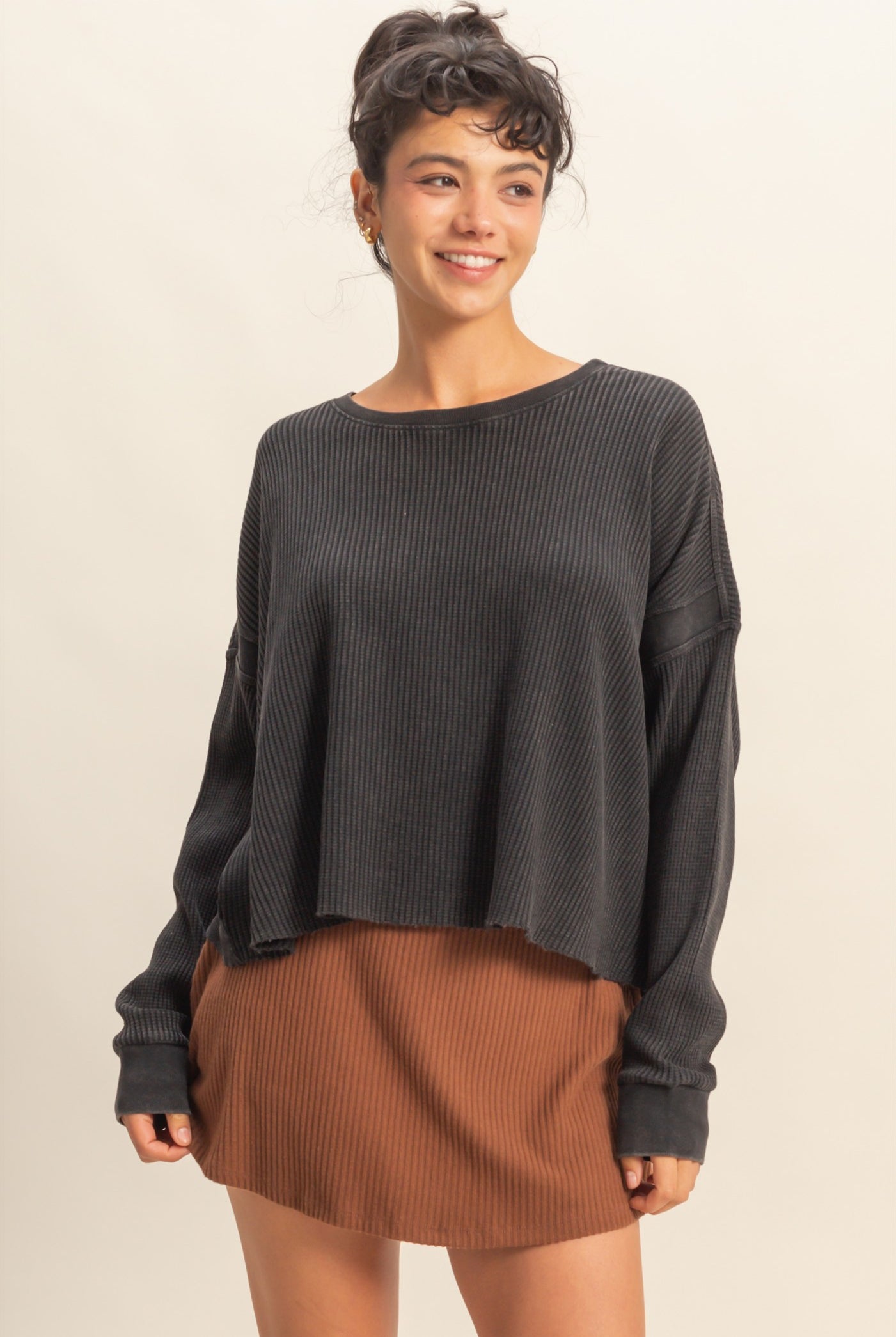 Wholesale Open Back Textured Knit Long Sleeve Top Clothing Tops DZ26A626 BLACK DOUBLE ZERO