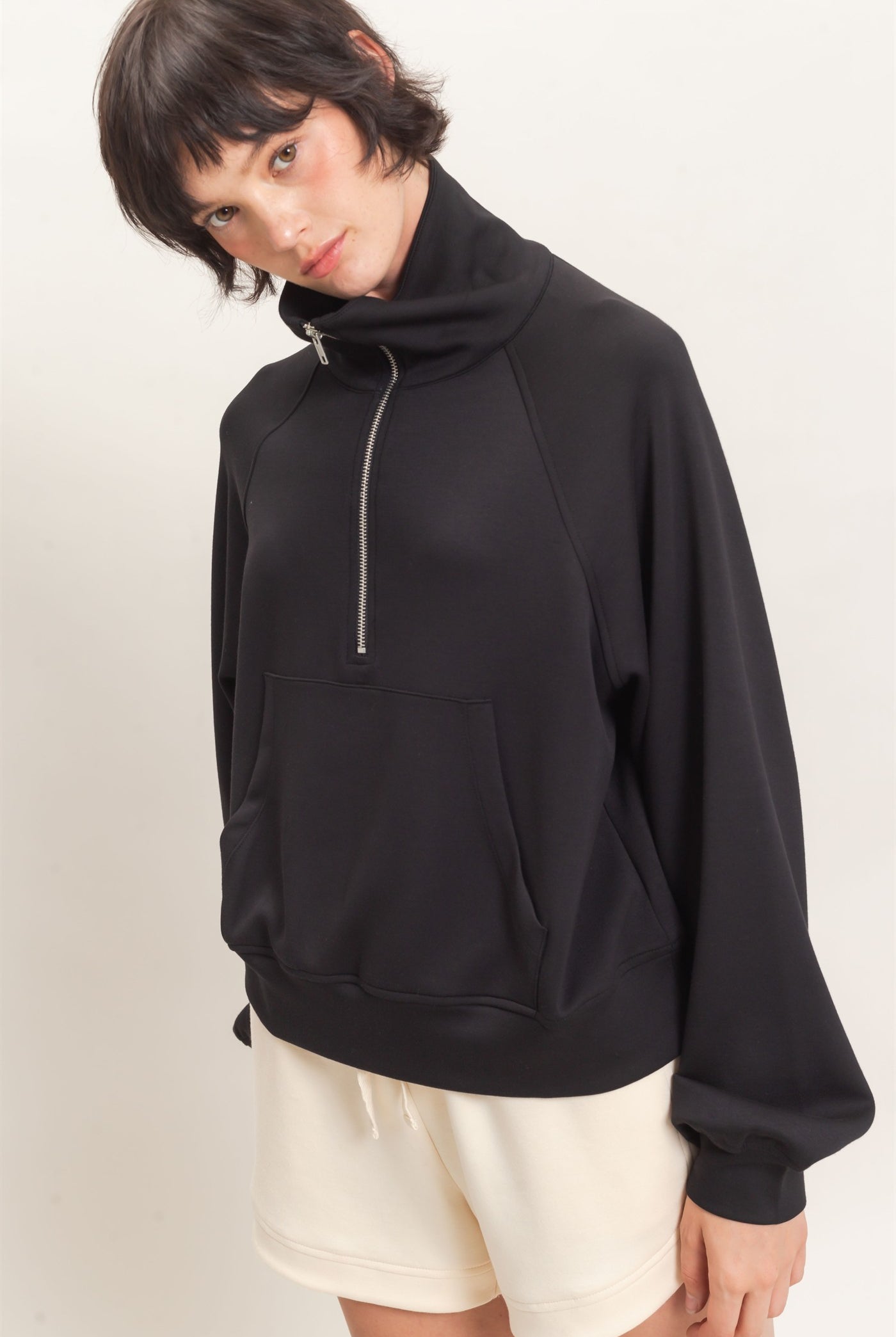 Wholesale Half-Zip Collar Raglan Pullover Sweatshirts DZ26C967 BLACK DOUBLE ZERO