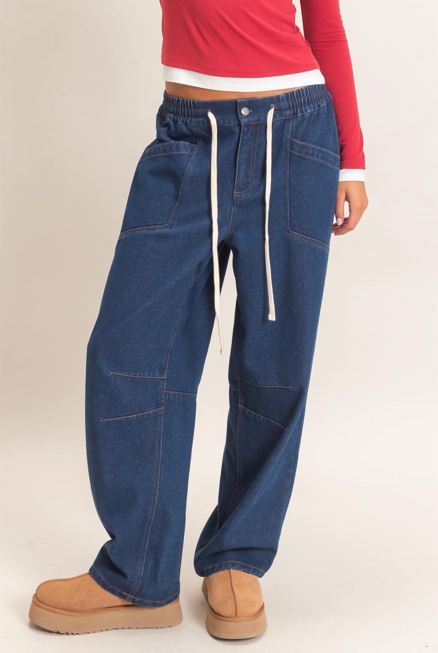 Wholesale Elastic Waist Denim Pants Pants DZ26F306 DARK BLUE DOUBLE ZERO