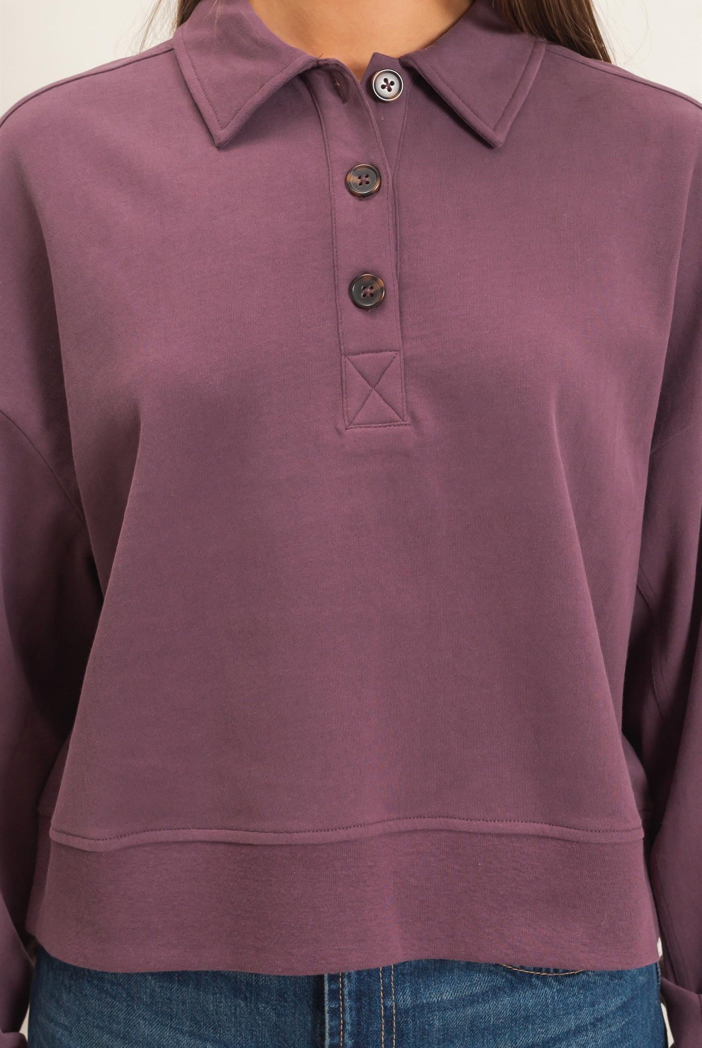 Wholesale Washed Button-Front Collared Sweatshirt Sweatshirts DZ26E390 COCOA DOUBLE ZERO