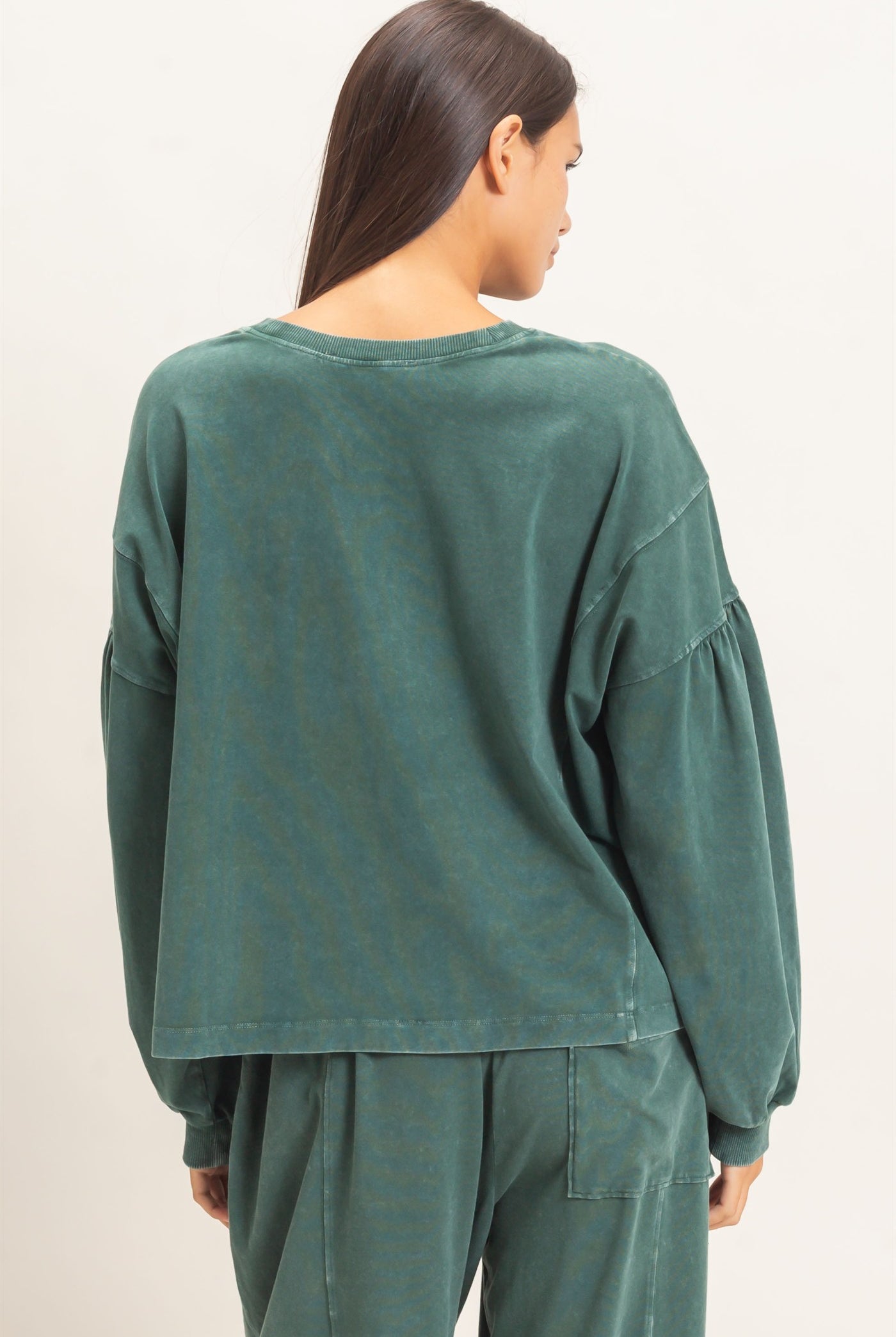 Wholesale Mineral Wash Puff Long Sleeve Boxy Top Clothing Tops DZ26F402 DARK GREEN DOUBLE ZERO