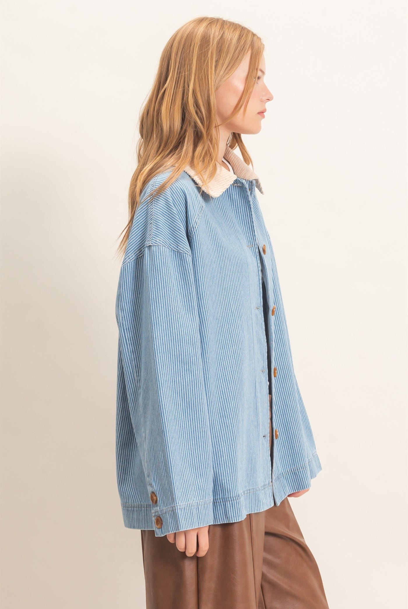 Wholesale Pinstripe Denim Jacket Coats & Jackets HF26C006 LIGHT DENIM HYFVE
