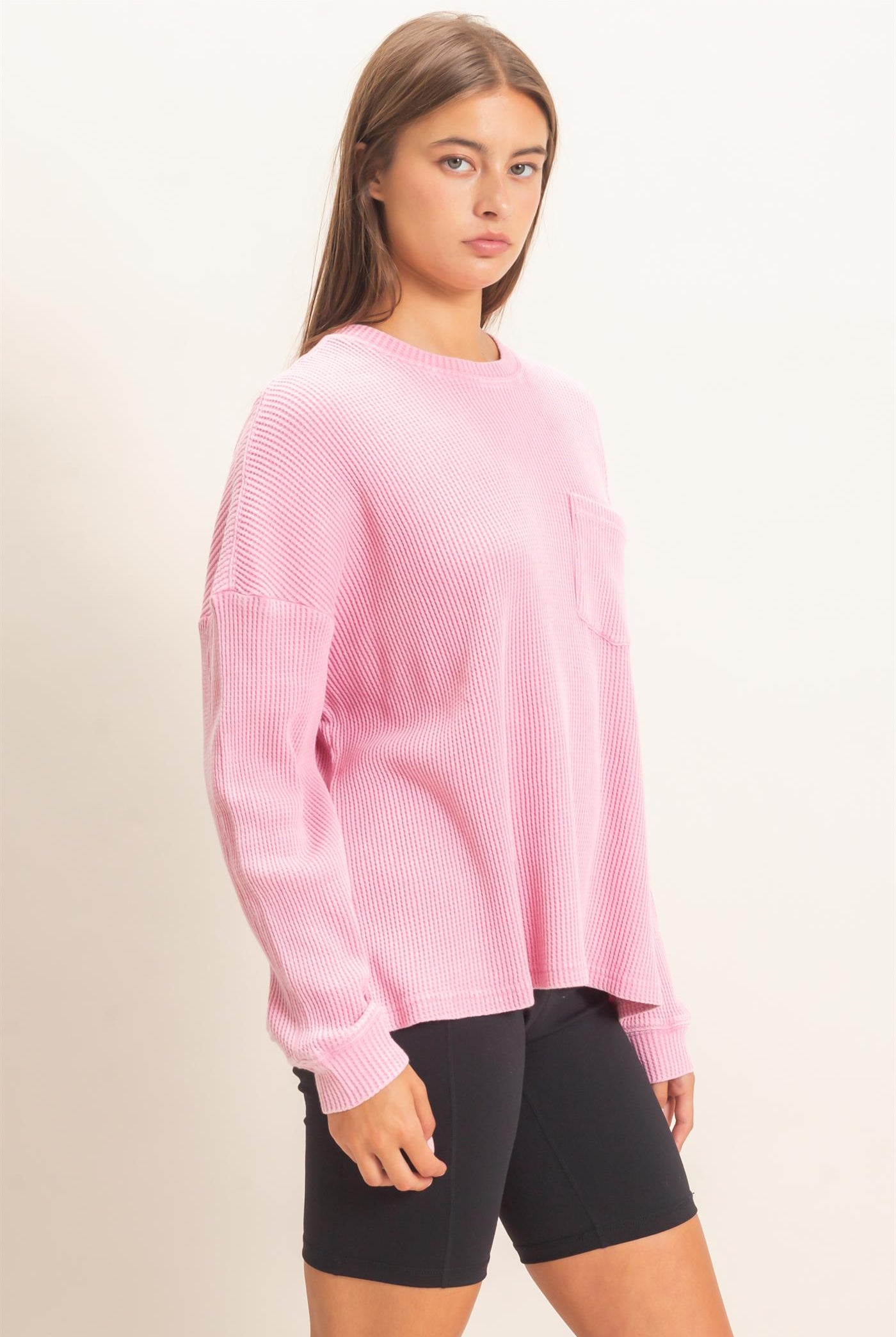Wholesale Mineral Wash Waffle Long Sleeve Top Clothing Tops DZ26F242 PINK DOUBLE ZERO