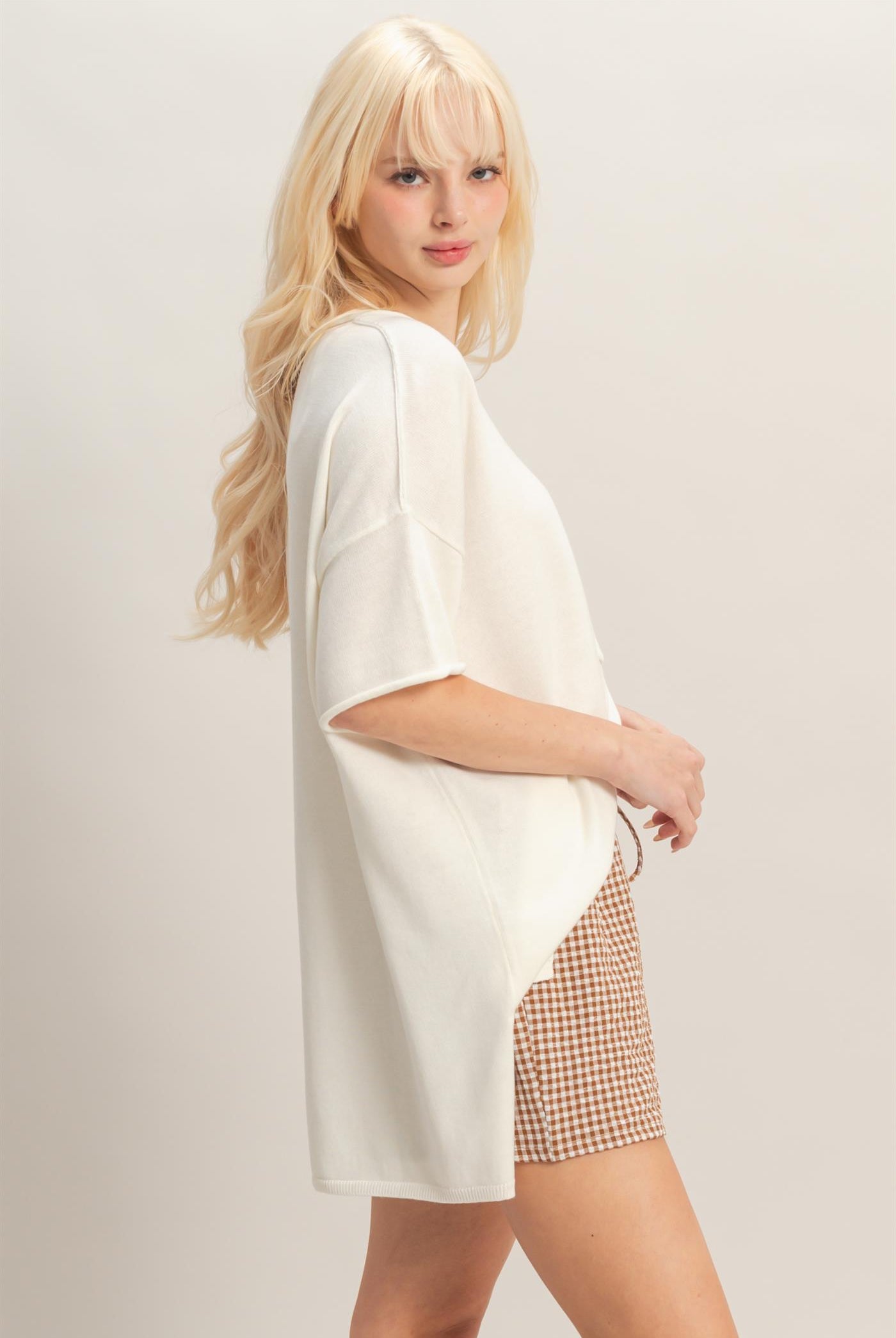 Wholesale Oversized Short Sleeve Round Neck Pocket Knit Top Clothing Tops DZ26A691 WHIP CREAM DOUBLE ZERO