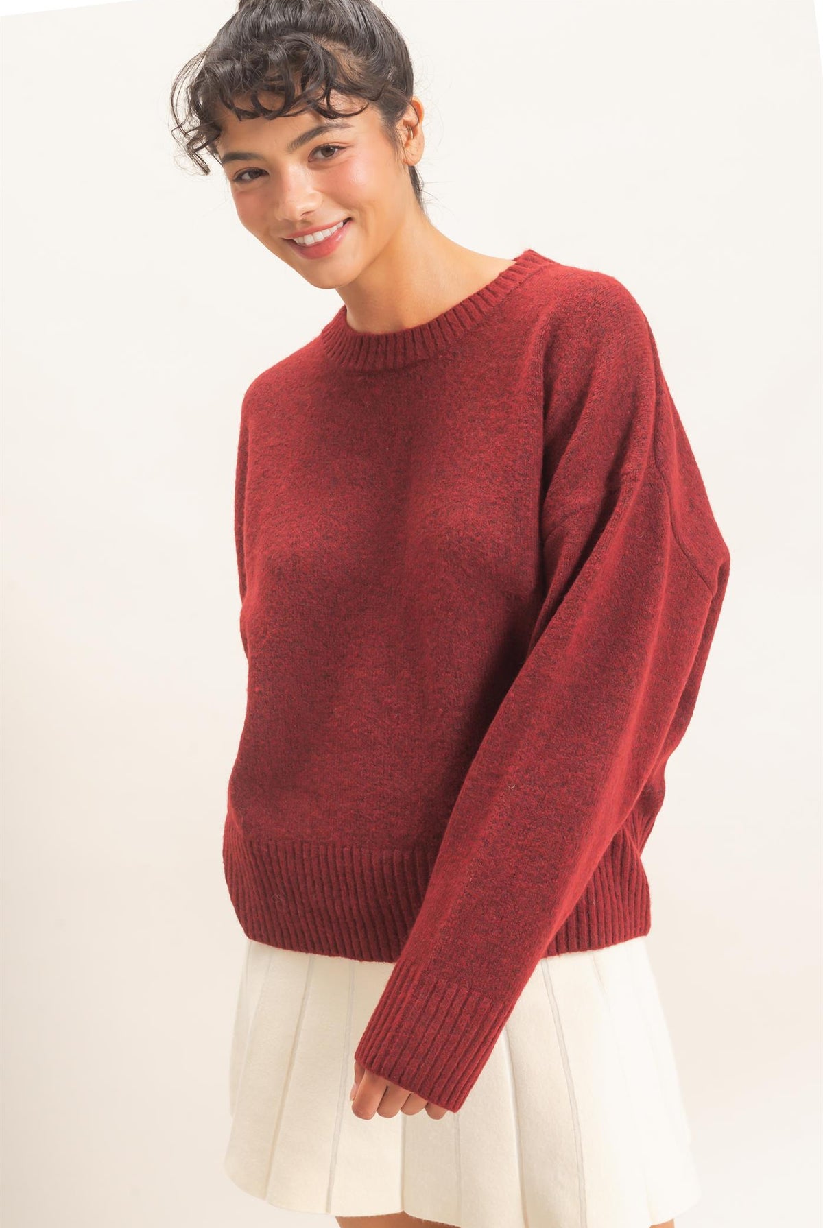 Wholesale Relaxed Fit Crew Neck Sweater Sweaters DZ26E956 BURGUNDY DOUBLE ZERO