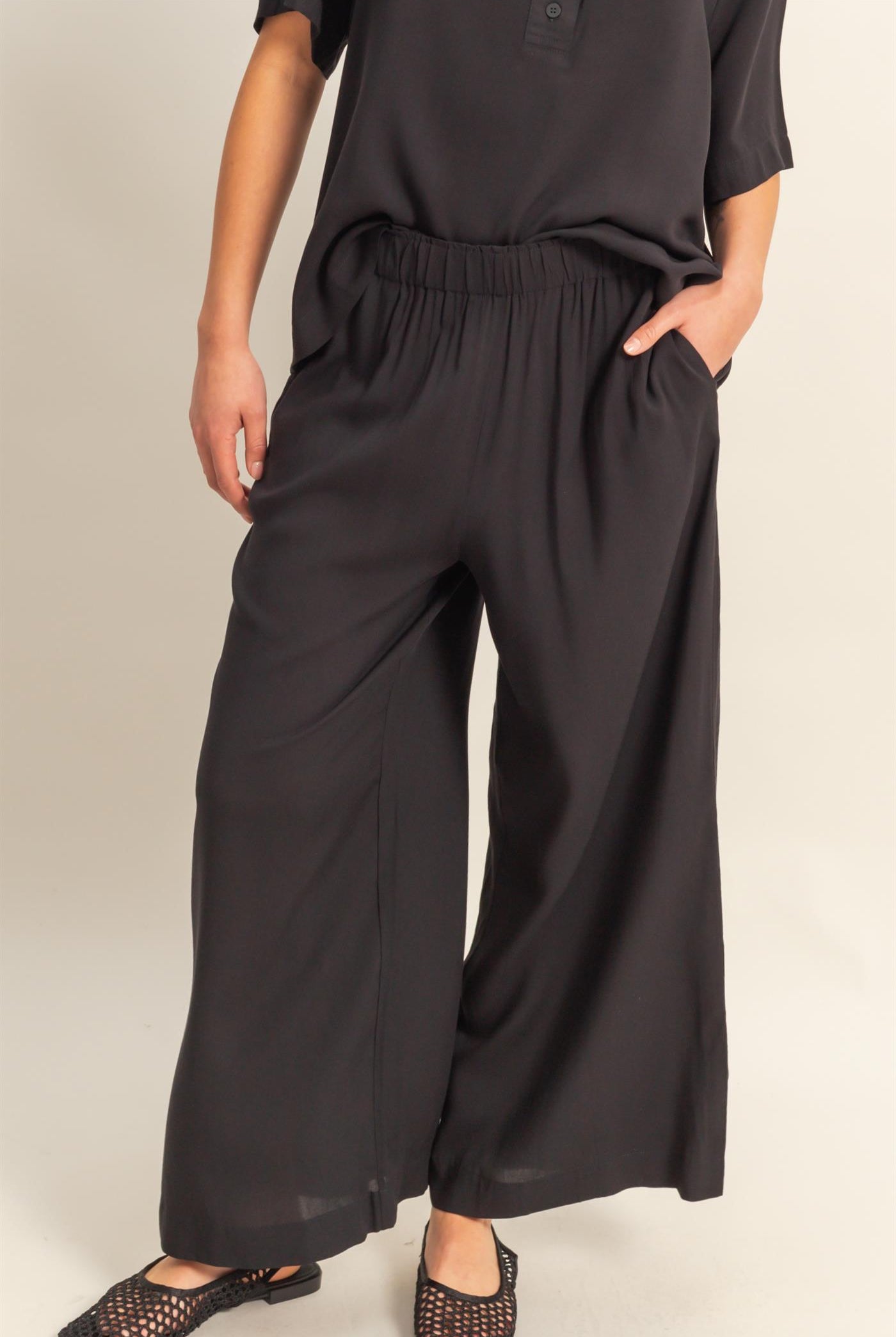 Wholesale High Waist Woven Wide Leg Pants Pants DZ25C192 BLACK DOUBLE ZERO