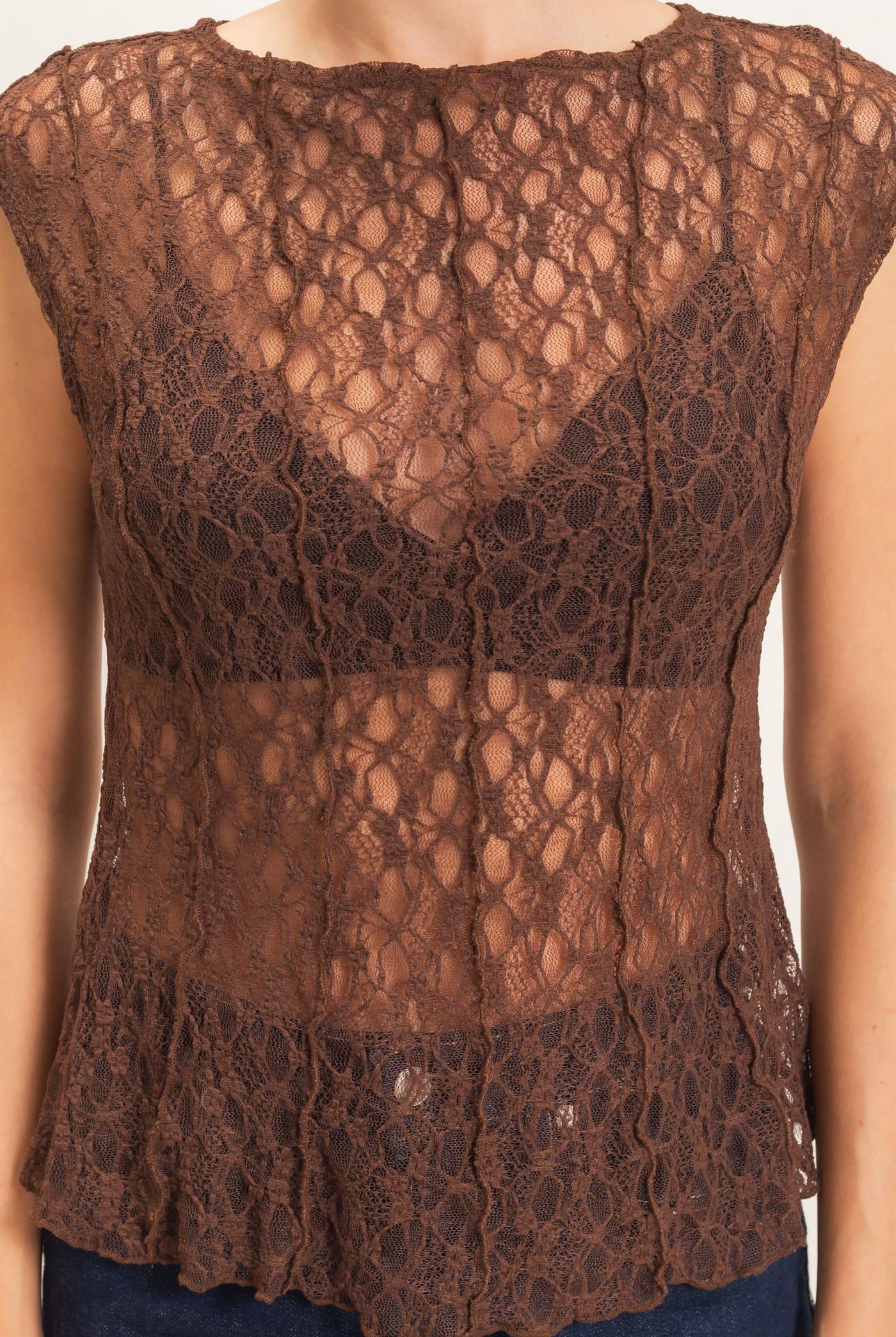 Wholesale Lace Cap Sleeve Top Clothing Tops HF26E672 CHOCOLATE HYFVE