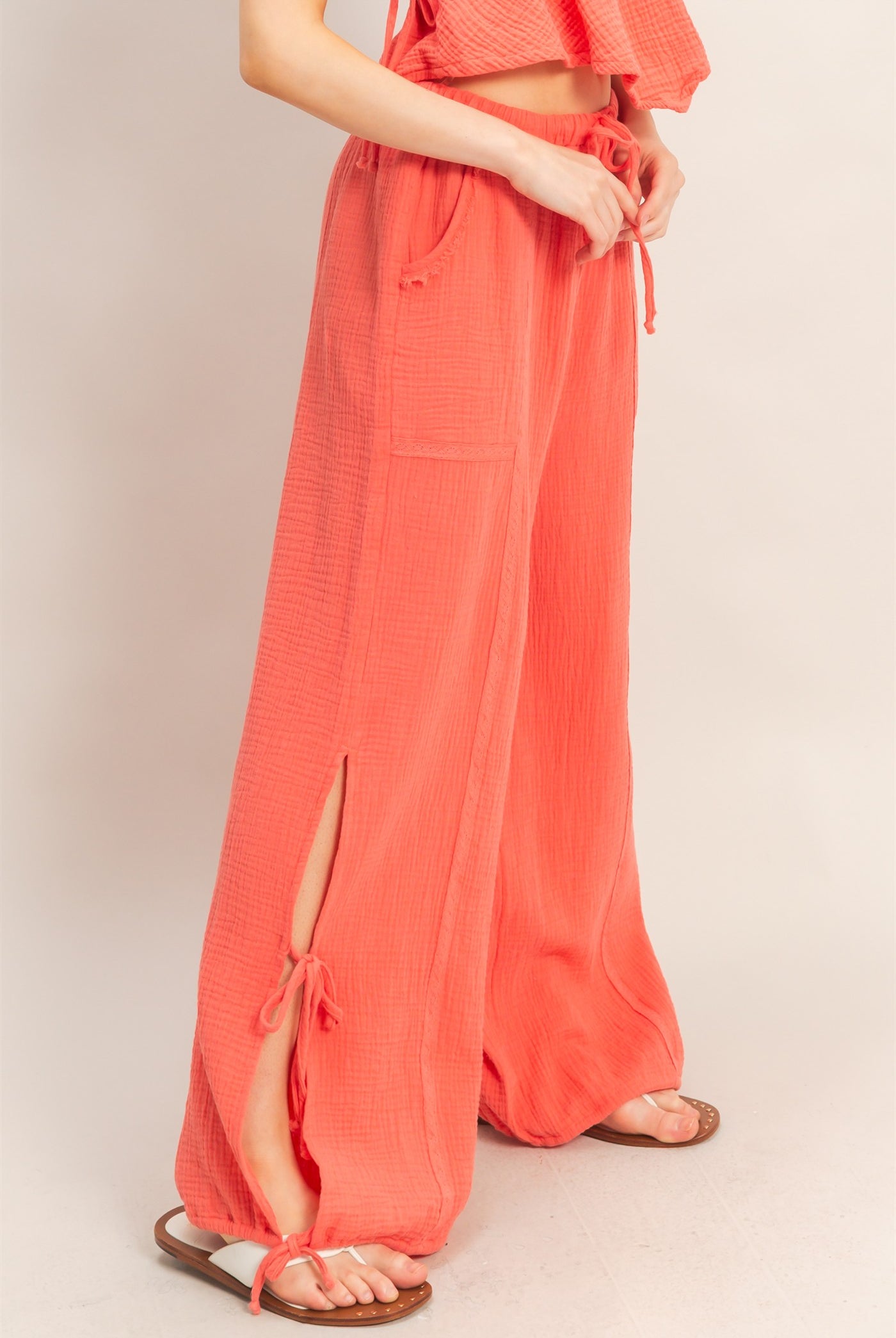 Wholesale Gauze Drawstring Jogger Pants Joggers HF26A822 RED ORANGE HYFVE