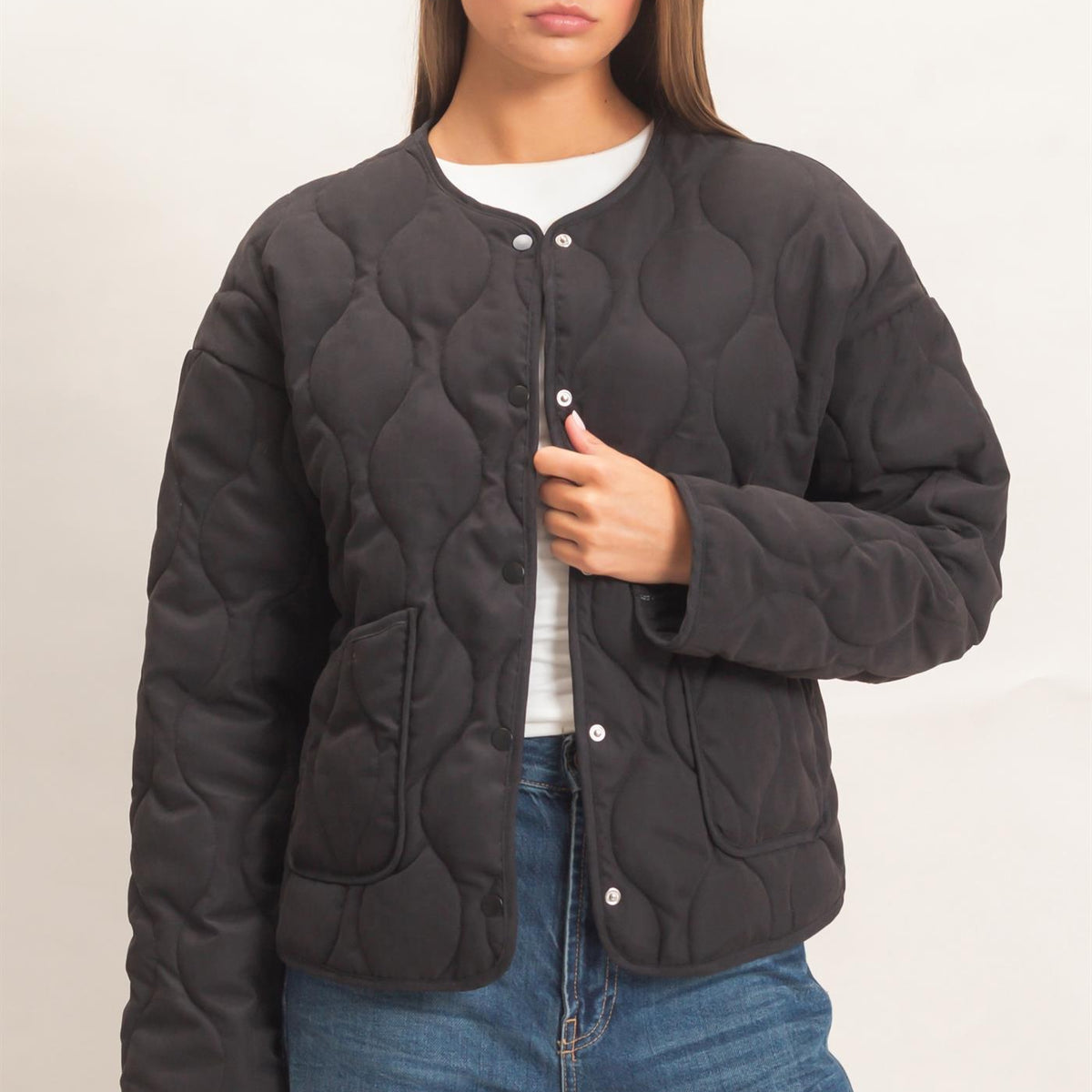 Wholesale Quilted Button Front Jacket Coats & Jackets DZ26F254 BLACK DOUBLE ZERO