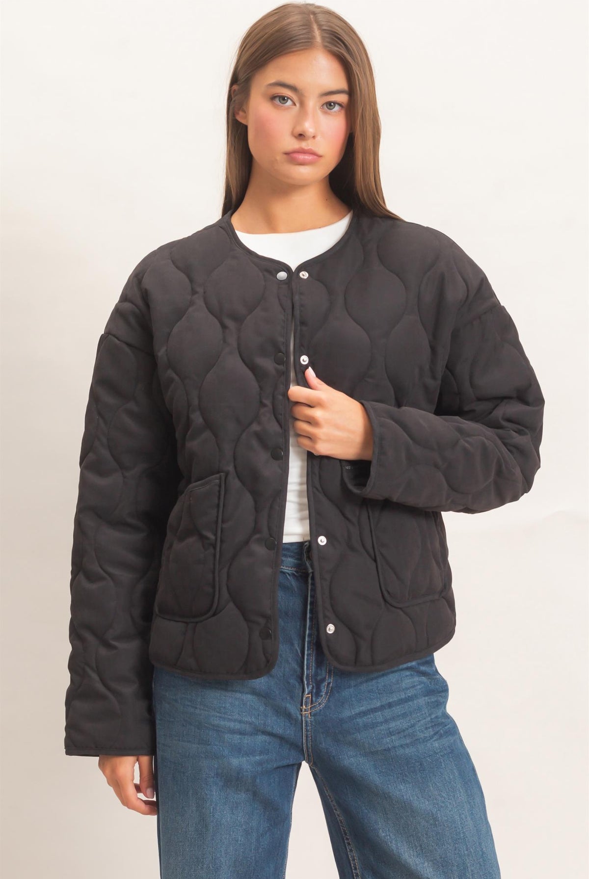 Wholesale Quilted Button Front Jacket Coats & Jackets DZ26F254 BLACK DOUBLE ZERO