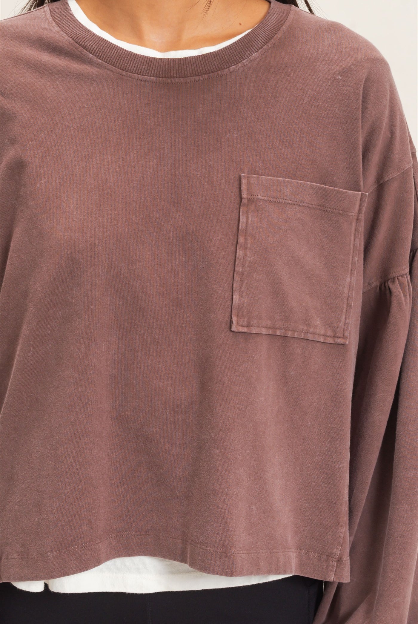 Wholesale Mineral Wash Puff Long Sleeve Boxy Top Clothing Tops DZ26F402 DARK BROWN DOUBLE ZERO