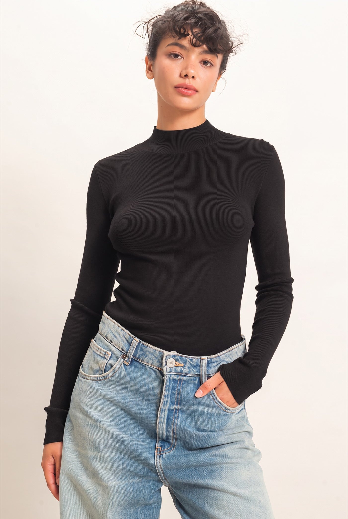 Wholesale Ribbed Mock Neck Long Sleeve Knit Top Clothing Tops DZ26F201 BLACK DOUBLE ZERO