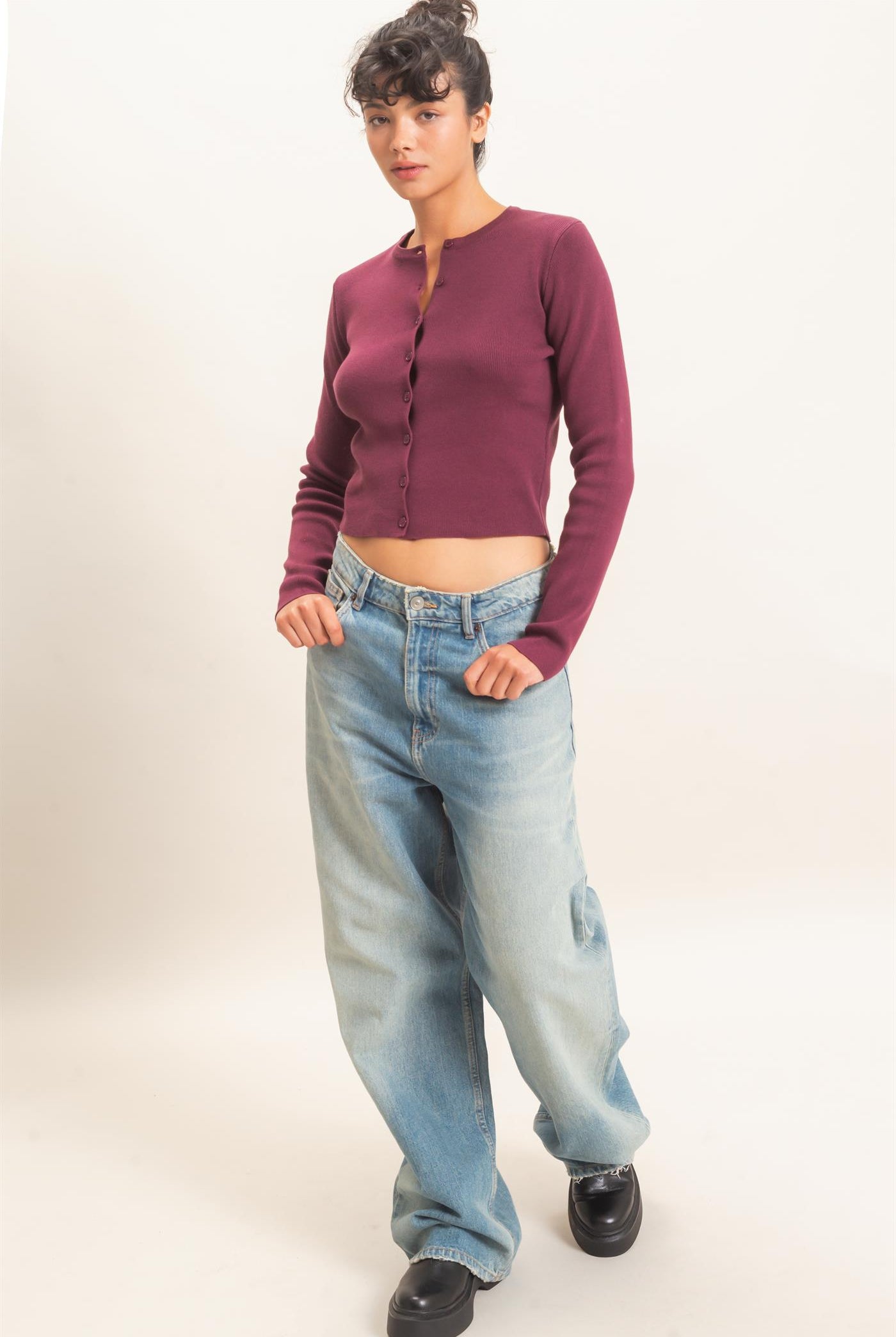 Wholesale Ribbed Crew Neck Cardigan Cardigans DZ27A153 DARK CHERRY DOUBLE ZERO